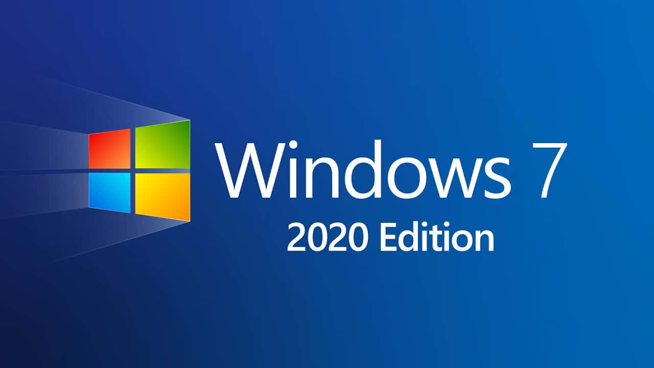 Windows 7 2020 Edition 標誌，帶有彩色窗格圖標，背景為藍色漸變。