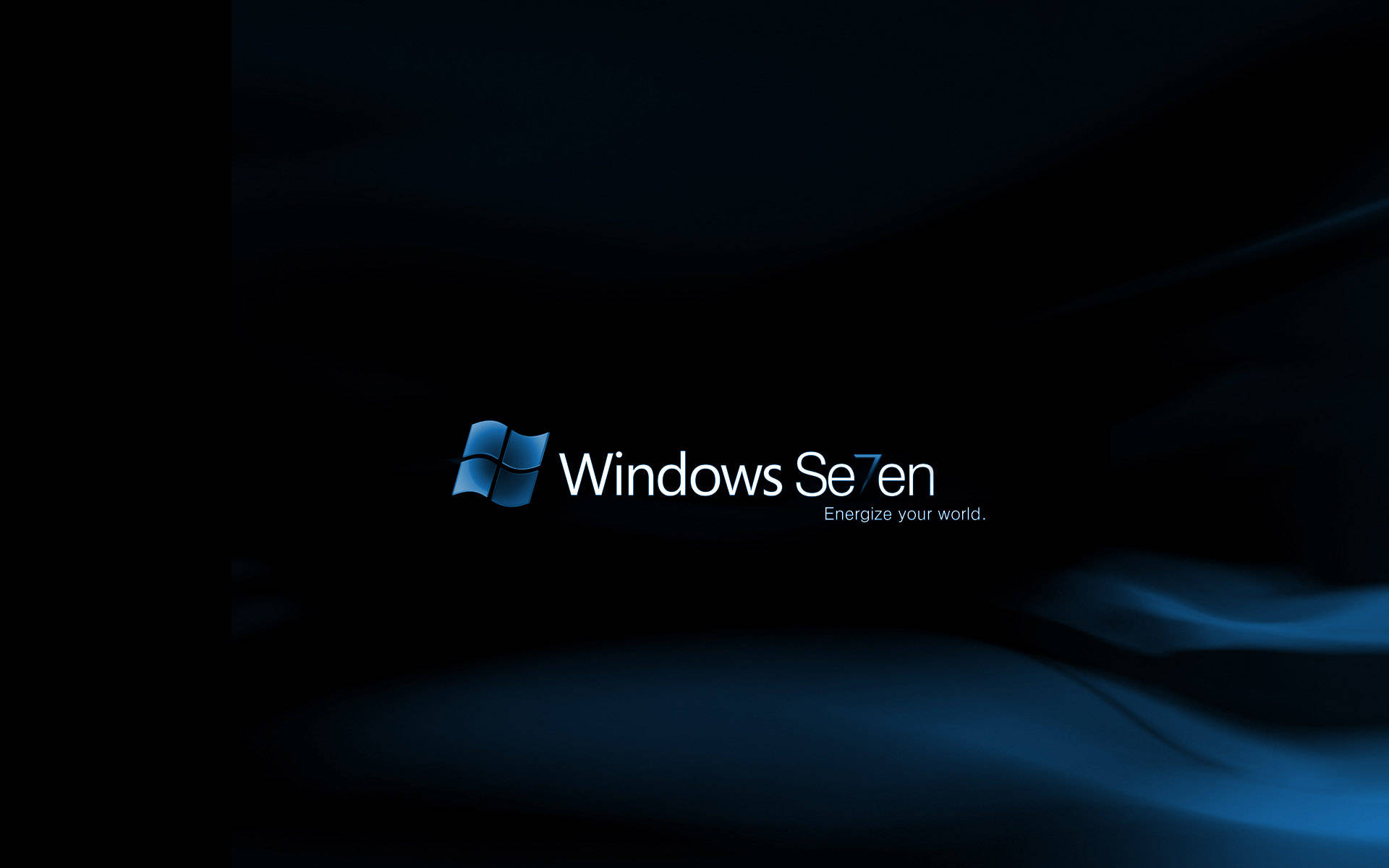 深藍色抽象背景上帶有標語的 Windows Seven 標誌