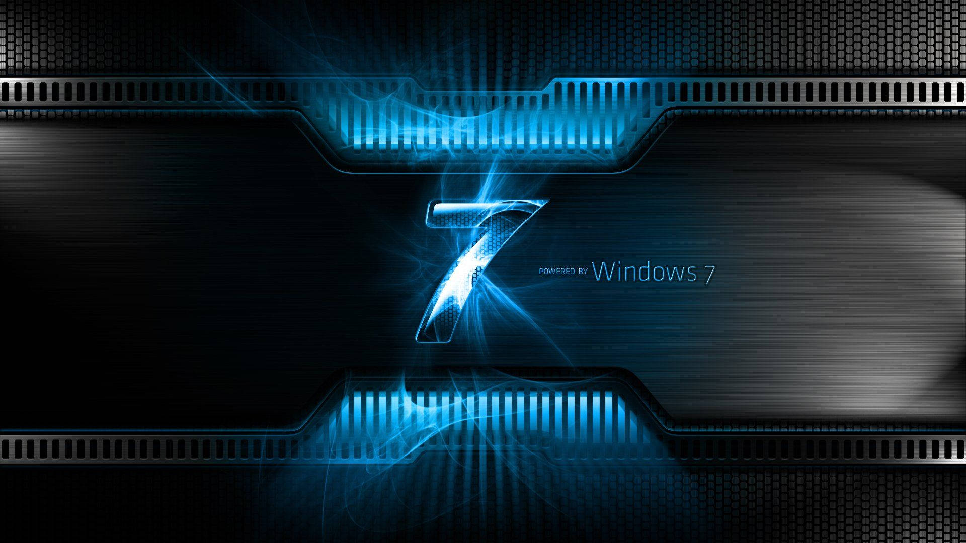 Windows 7 藝術 壁紙 — 一個發光的藍色數字7在黑暗的金屬背景上脈動著電能，周圍環繞著工業格柵。