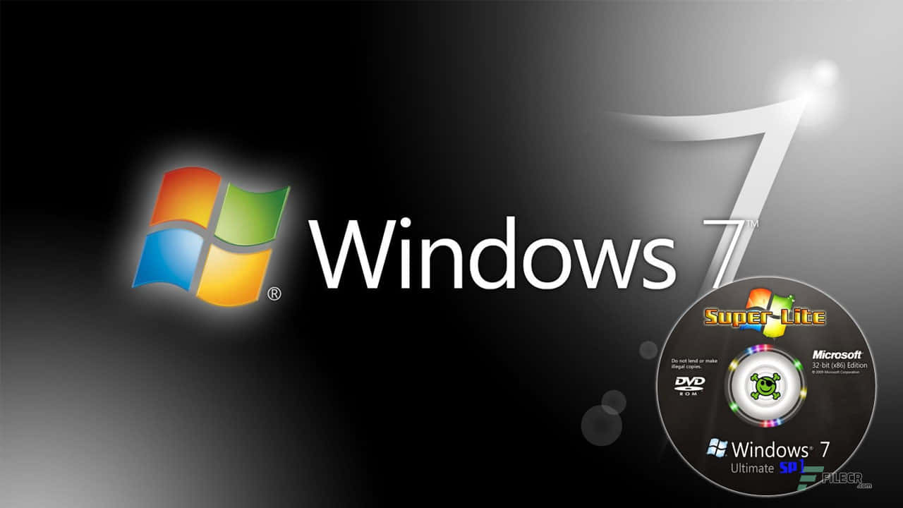 深色背景上的 Windows 7 標誌和軟體光碟，帶有發光高光。