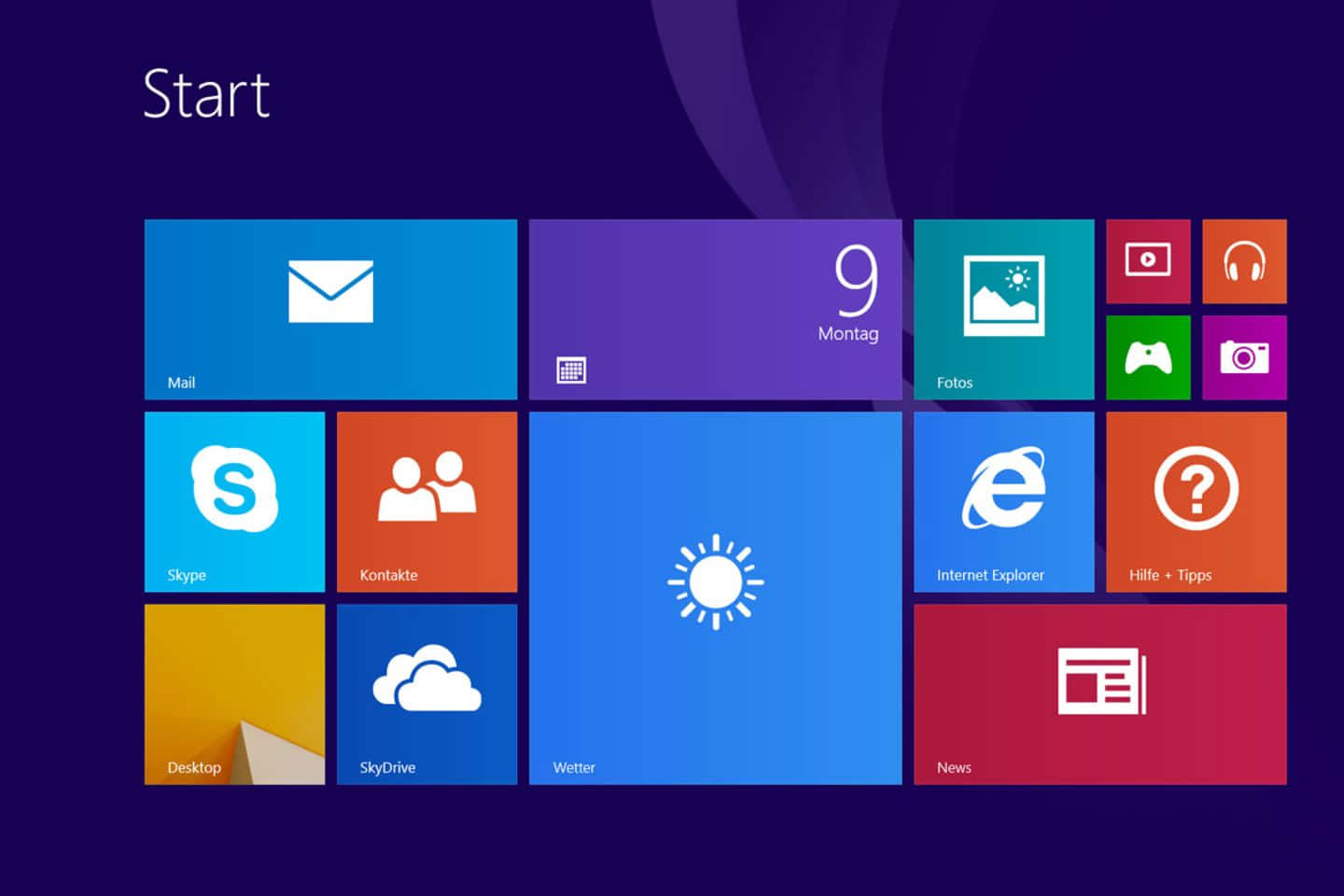 Windows 8 開始畫面，顯示應用程式方塊，滑鼠游標懸停在桌面之上。