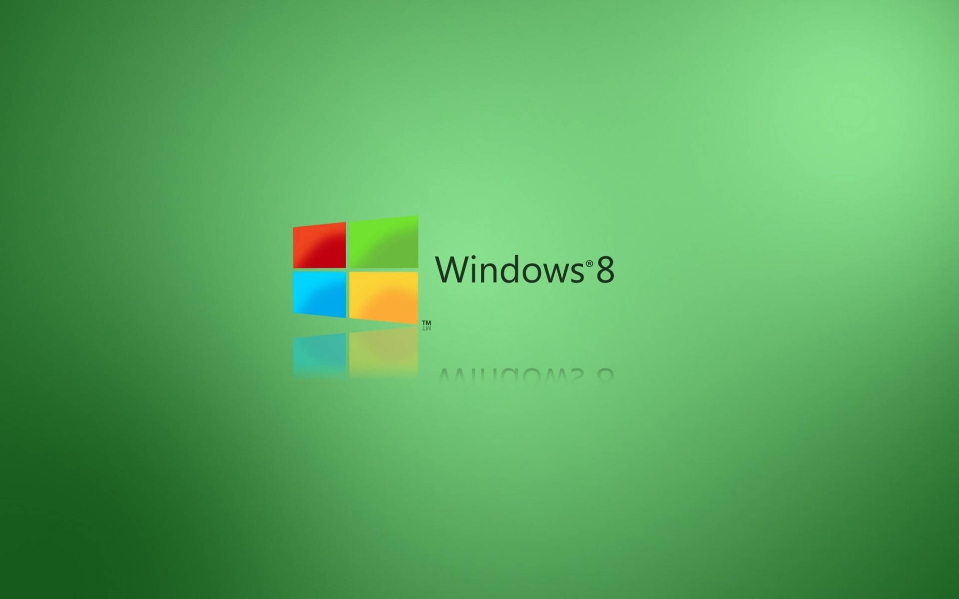 漸變動畫 桌布 壁紙 — Windows 8 標誌，帶有彩色方塊和反射，背景為漸變綠色。