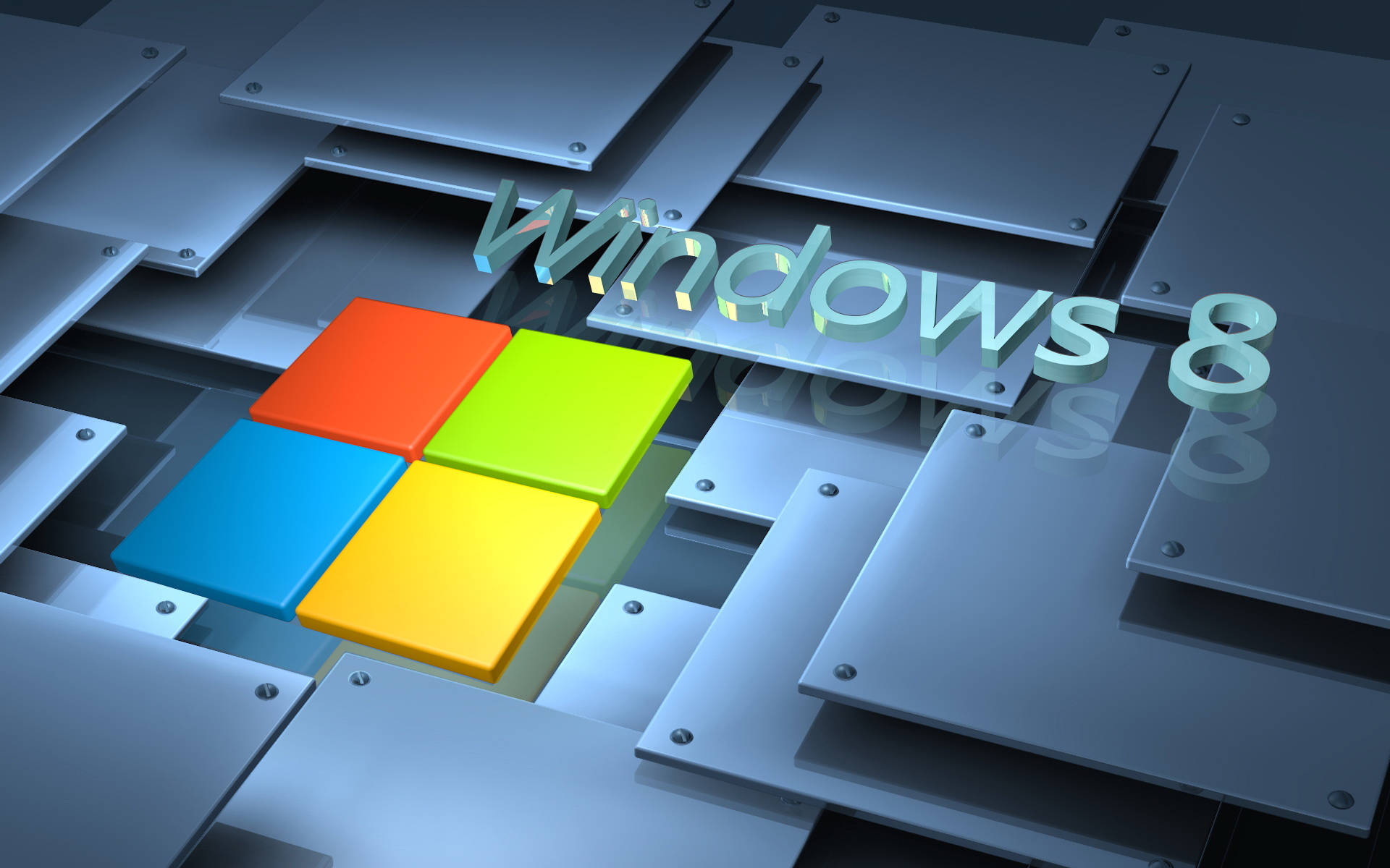 金屬動態圖 桌布 壁紙 — Windows 8 標誌，採用色彩繽紛的瓷磚和金屬面板，呈現未來數碼設計風格。