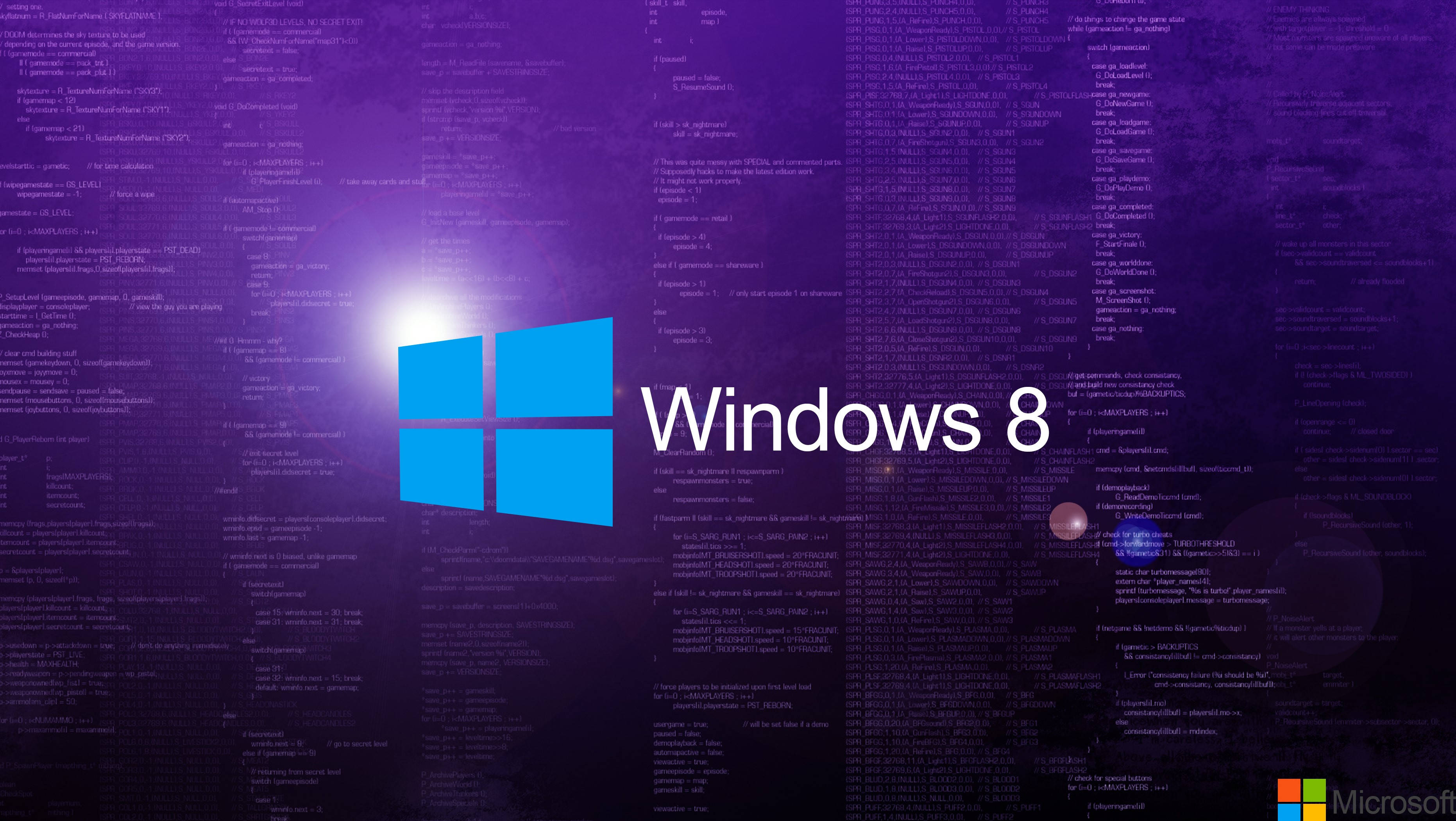 紫色 桌布 壁紙 — Windows 8 標誌在充滿級聯代碼和鏡頭光暈的紫色背景上發出藍色光芒。