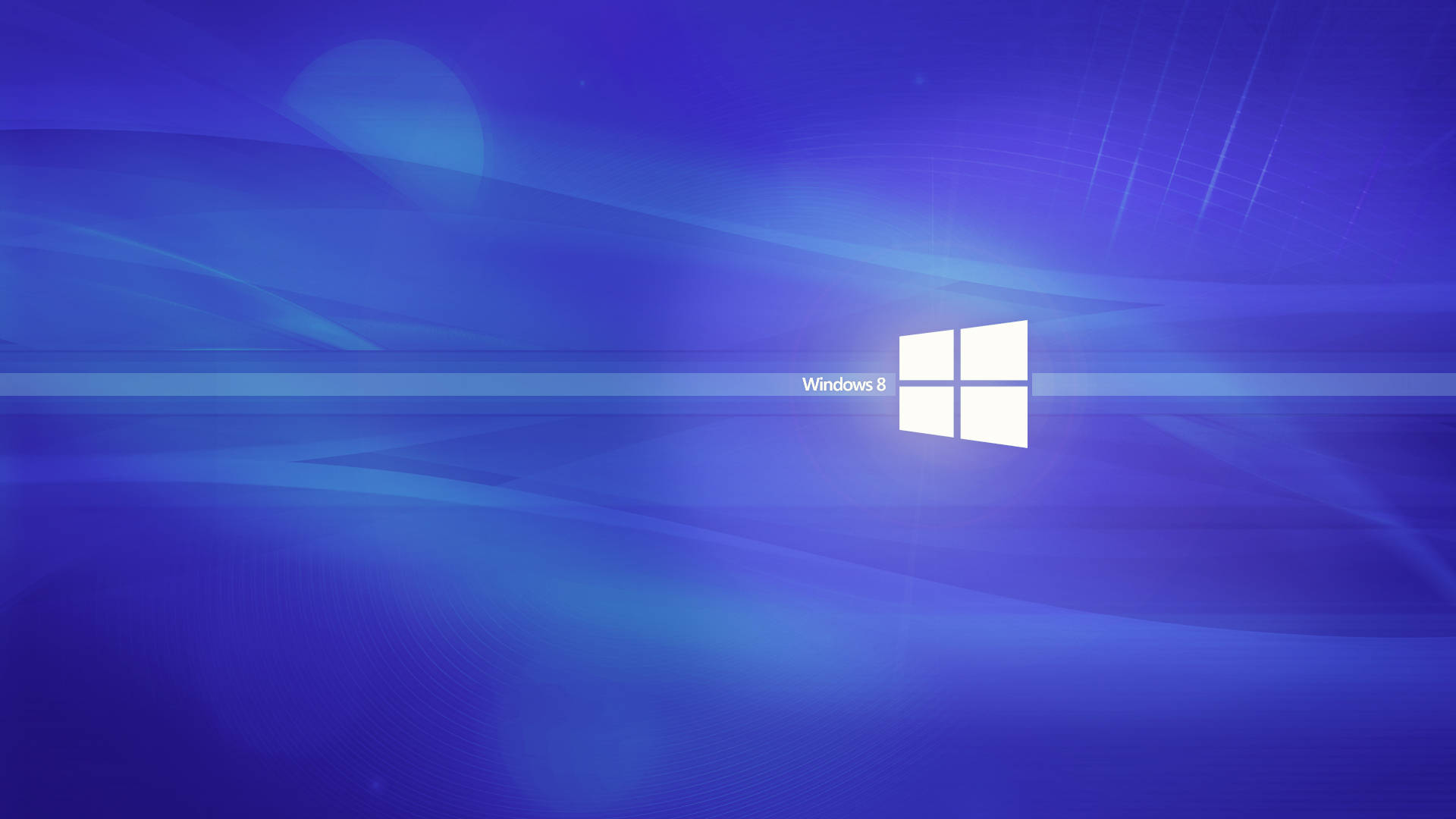 藍色 桌布 壁紙 — Windows 8 標誌在帶有光線條紋和散景效果的動態藍色抽象背景上發出白色光芒。