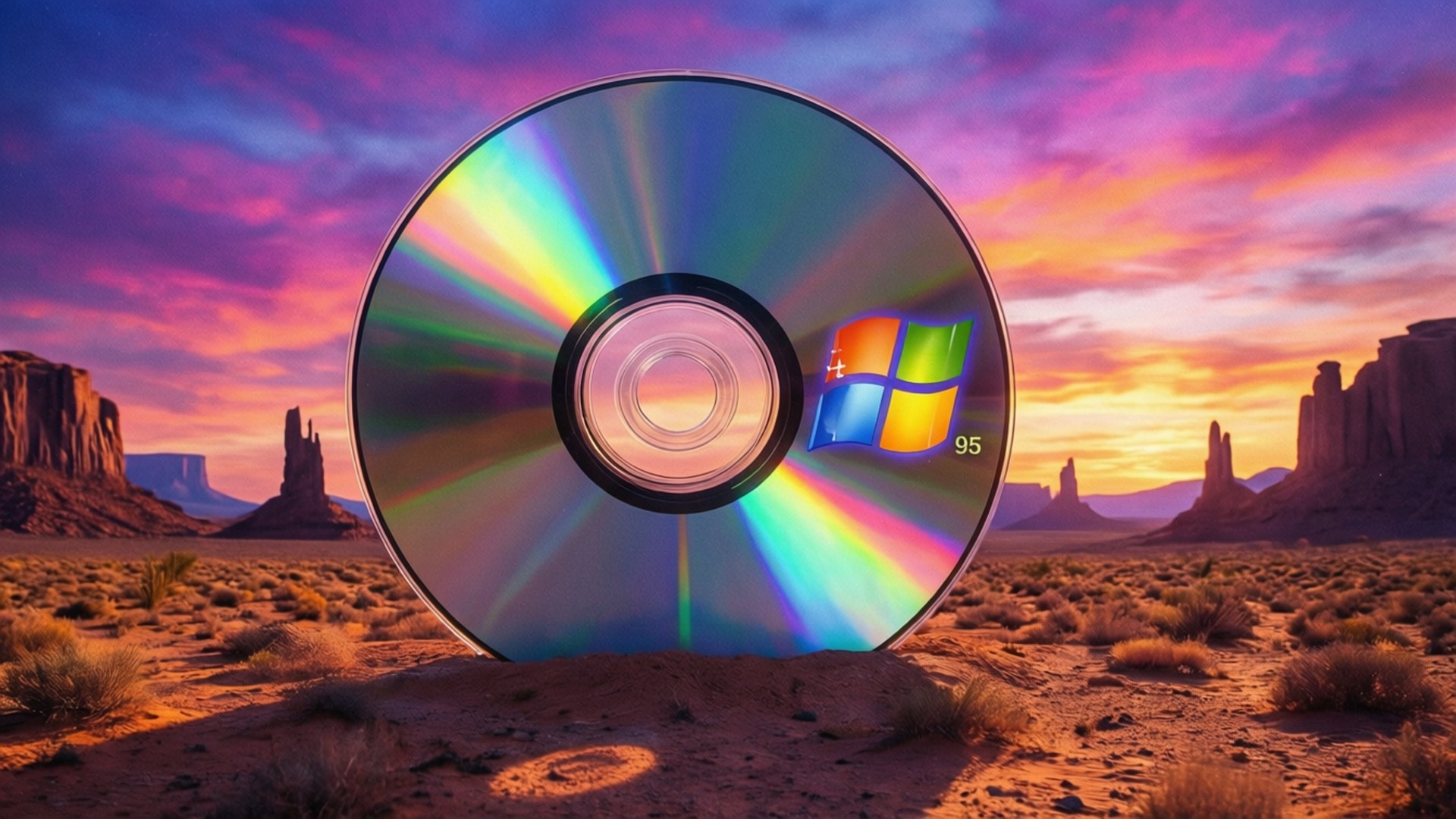 在色彩繽紛的日落沙漠中的大型Windows 95 CD和岩石 formations
