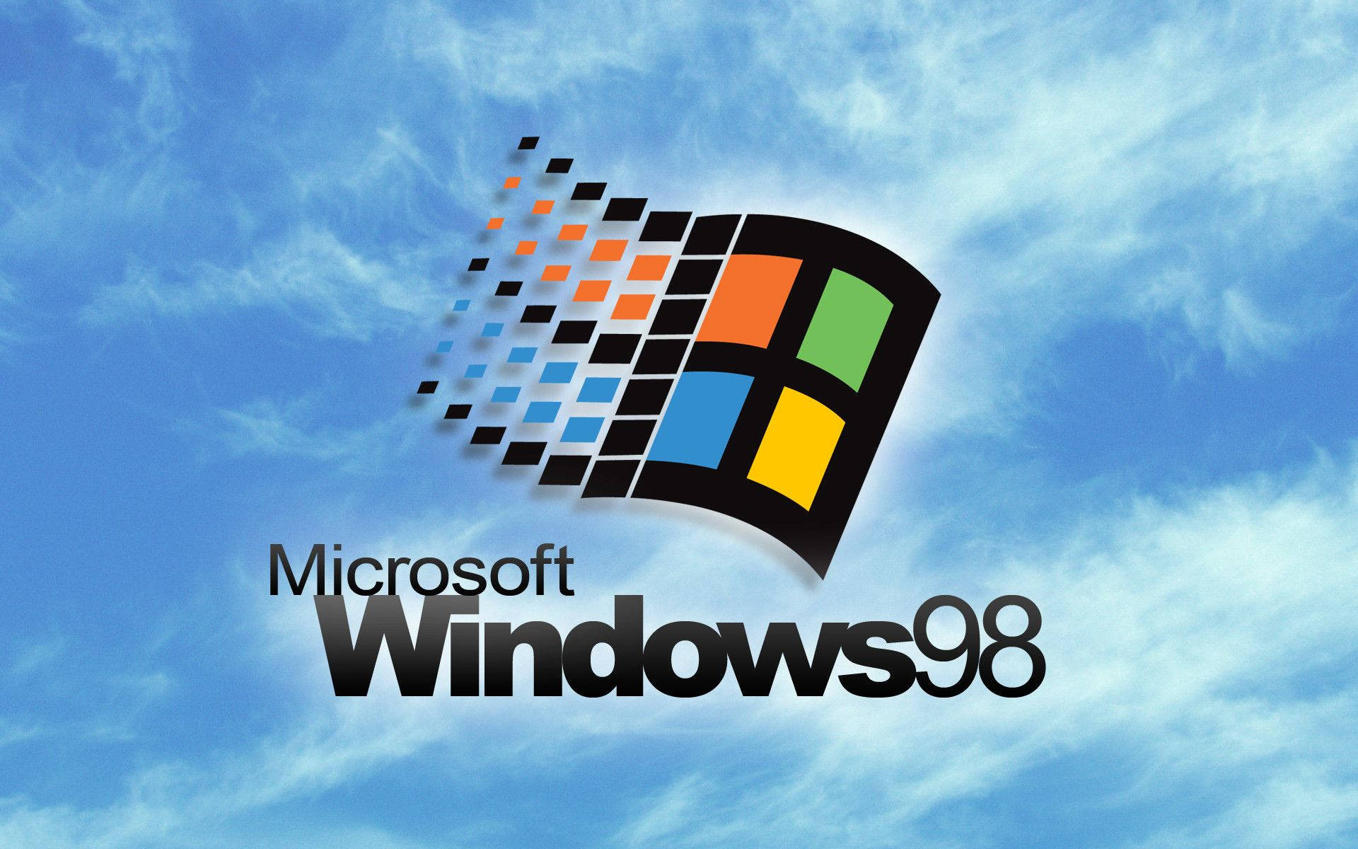 Microsoft Windows 98 標誌，像素化窗口設計，藍天白雲。