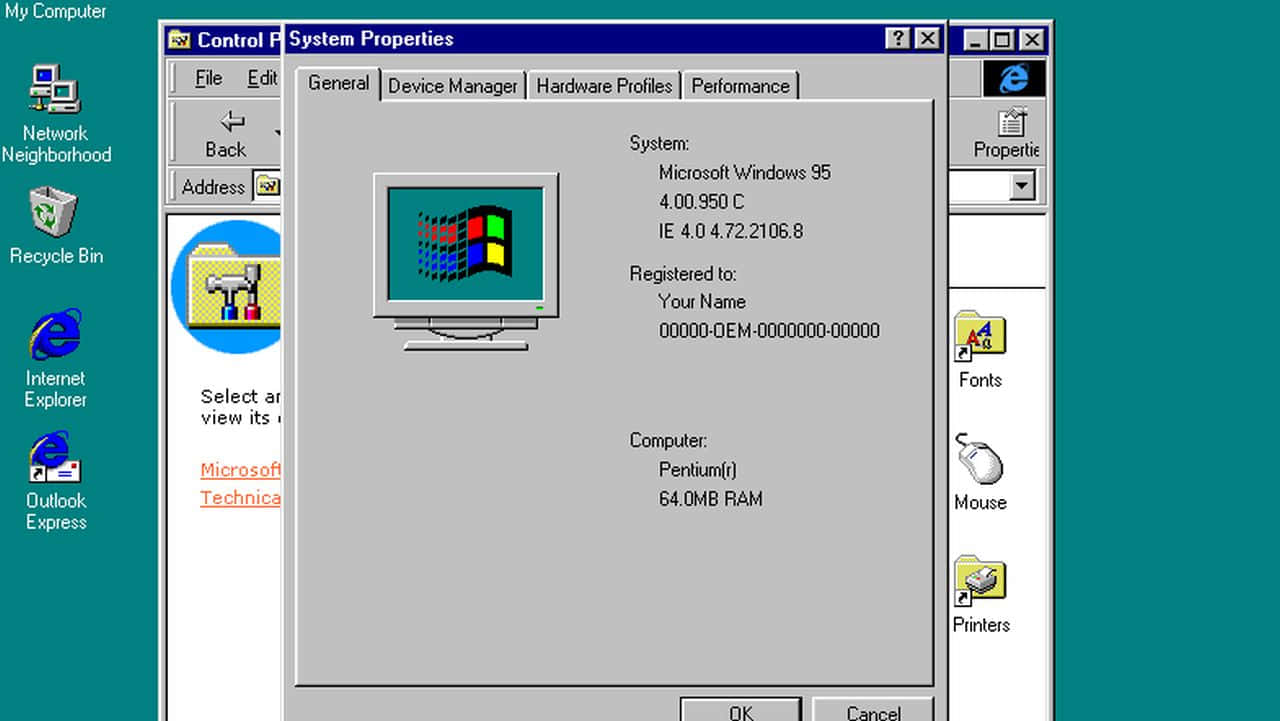 Windows 95 壁紙 — 經典 Windows 95 桌面，系統內容視窗開啟，顯示 64MB RAM 及 IE 4.0，背景為青綠色。