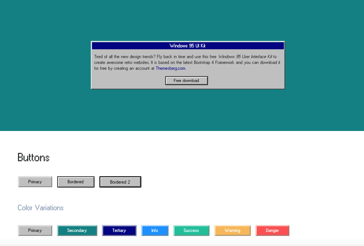 Windows 95 桌面介面經典畫面 壁紙 — 一個復古Windows 95 UI套件模擬圖，帶有青綠色背景和復古對話框，提供免費下載。