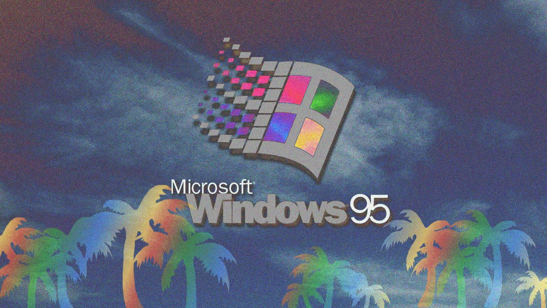 Windows 95 動態圖 桌布 壁紙 — Windows 95 標誌漂浮在彩虹棕櫚樹上方，背景是陰暗多雲的天空，帶有像素化故障效果。