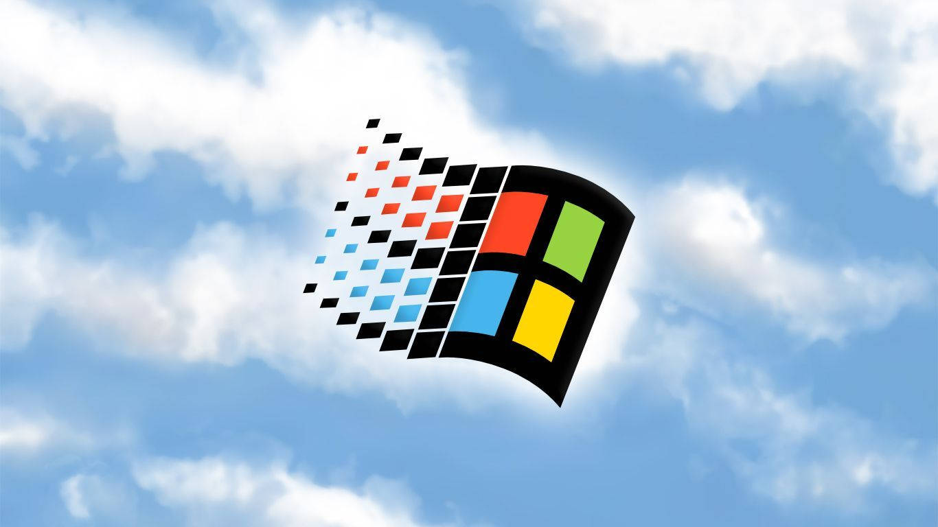 Windows標誌帶像素軌跡在藍天白雲中翱翔