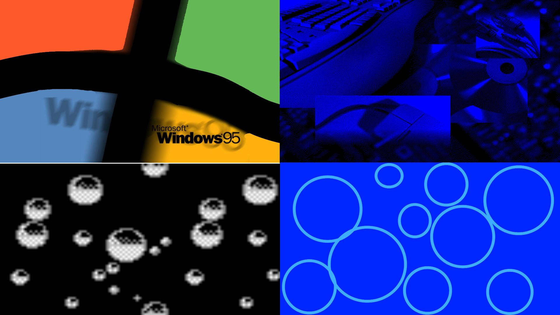 復古數位拼貼，包含 Windows 95 標誌、技術齒輪、像素氣泡和發光圓圈。