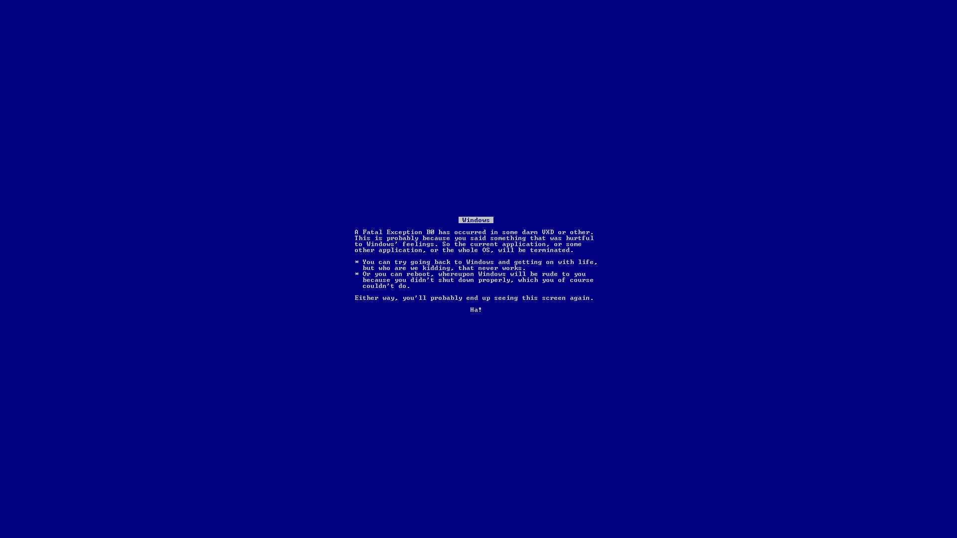 Windows 藍色當機畫面錯誤訊息以白色文字顯示。