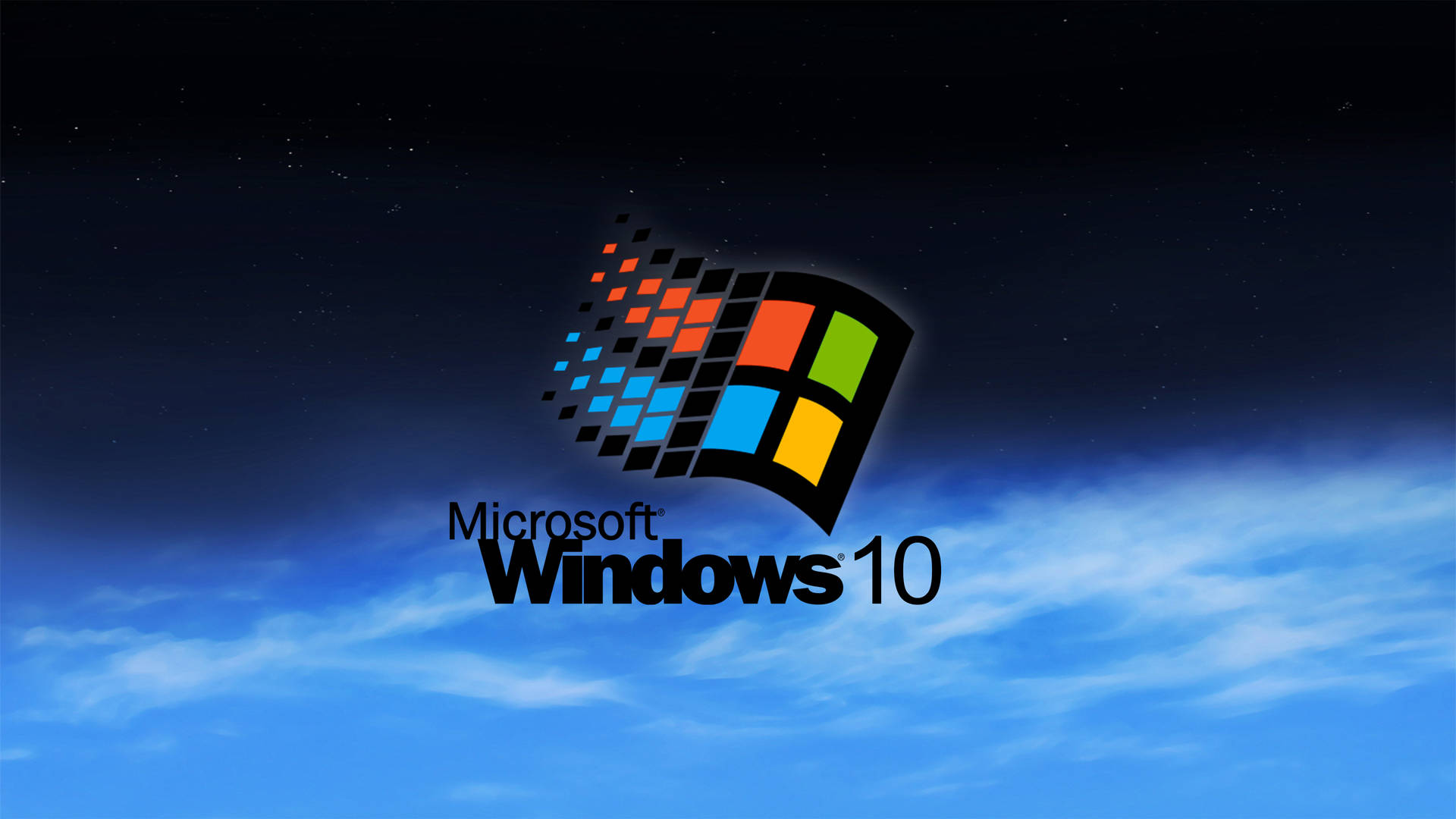 Windows 10 標誌，帶有像素化視窗，背景是繁星點點的夜空。