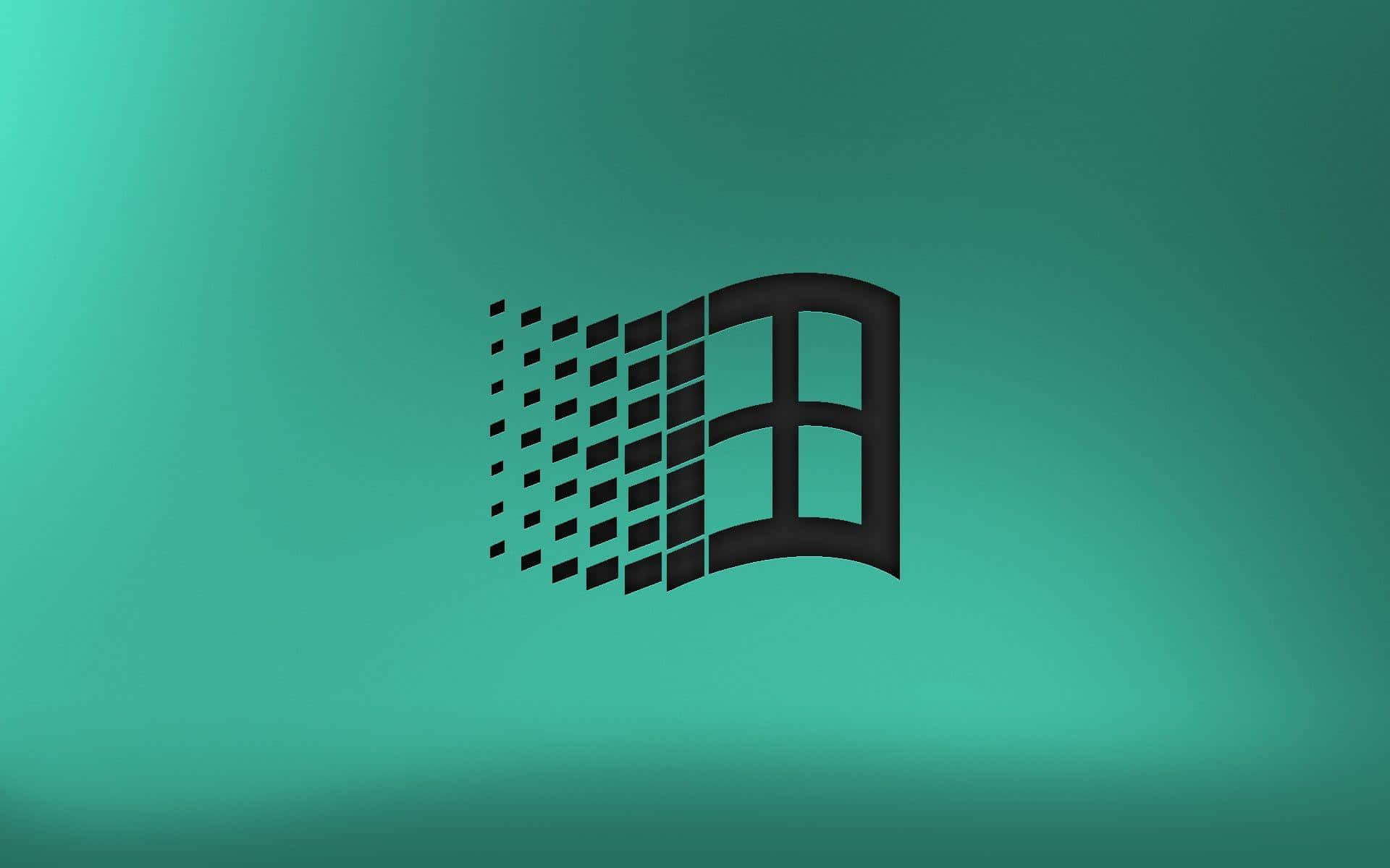 Windows 95歡迎畫面 壁紙 — 一個帶有像素化動態效果的黑色Windows標誌，背景為青綠色漸變。