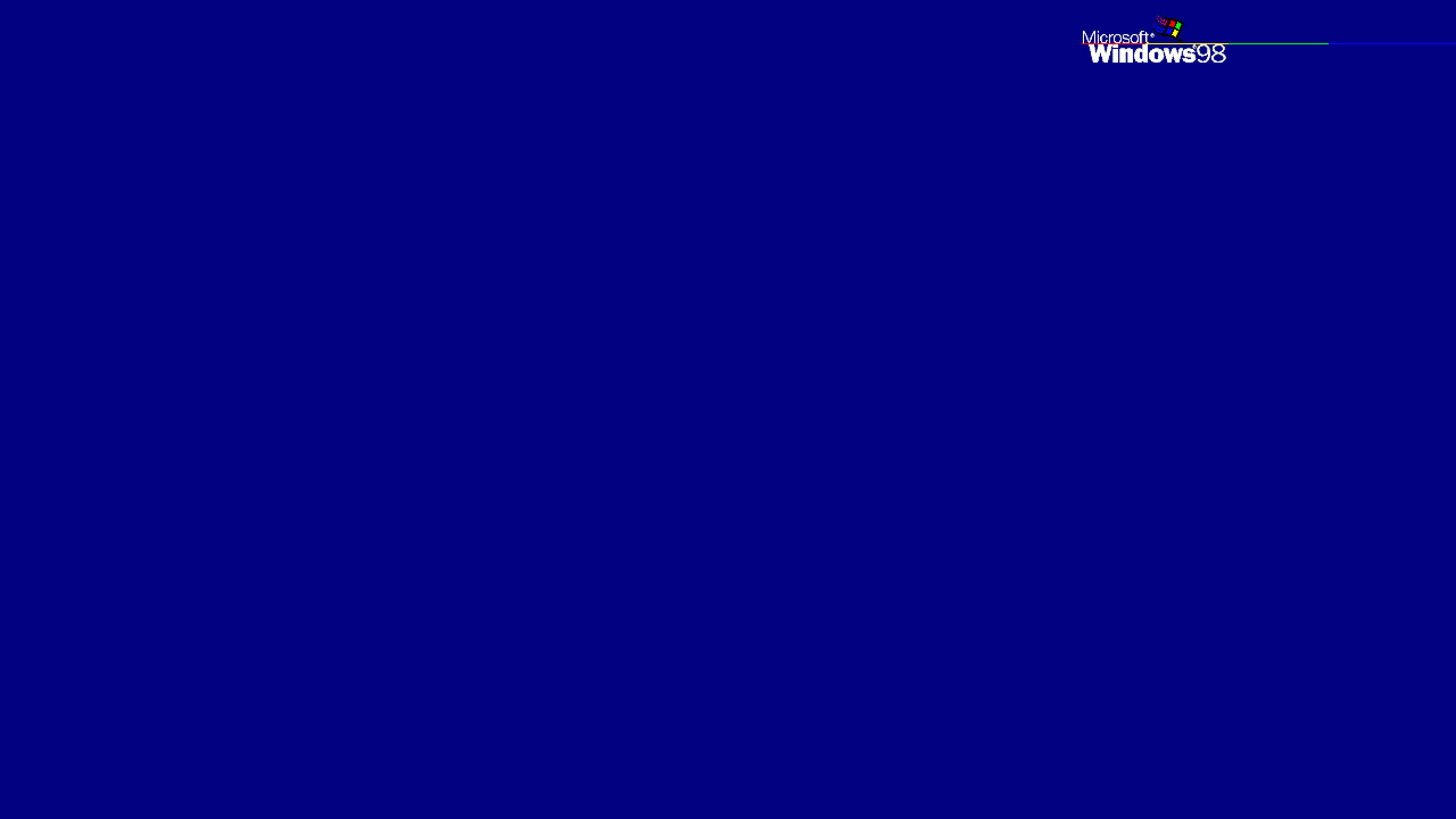 Windows 98 — 一款近二十年歷史的微軟作業系統 壁紙 — 右上角帶有標誌的純深藍色 Windows 98 啟動畫面。
