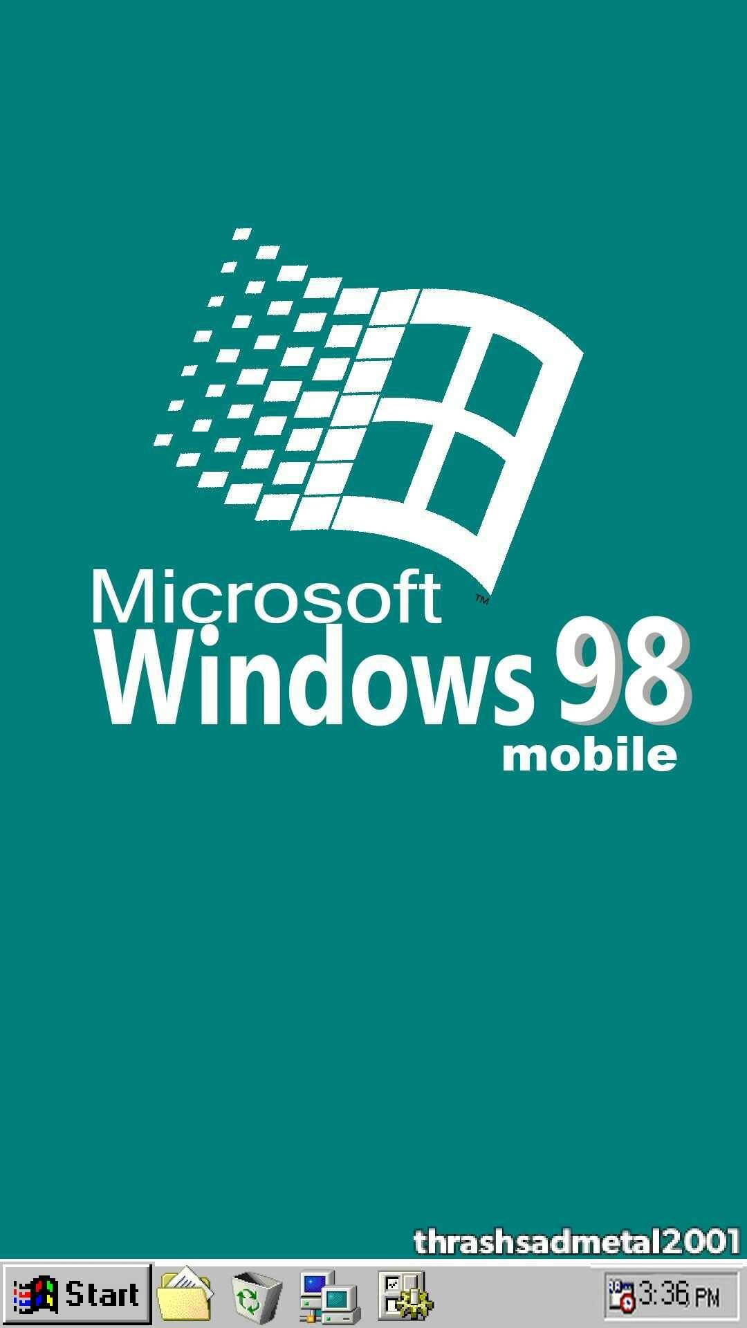 Windows 98 手機標誌在青綠色背景上，附有工作列