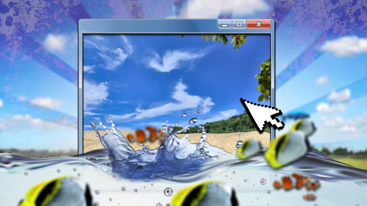 Windows Aero 海灘夢幻風 壁紙 — 一個電腦視窗顯示沙灘場景，水花四濺，魚和樹葉從液體中浮現。