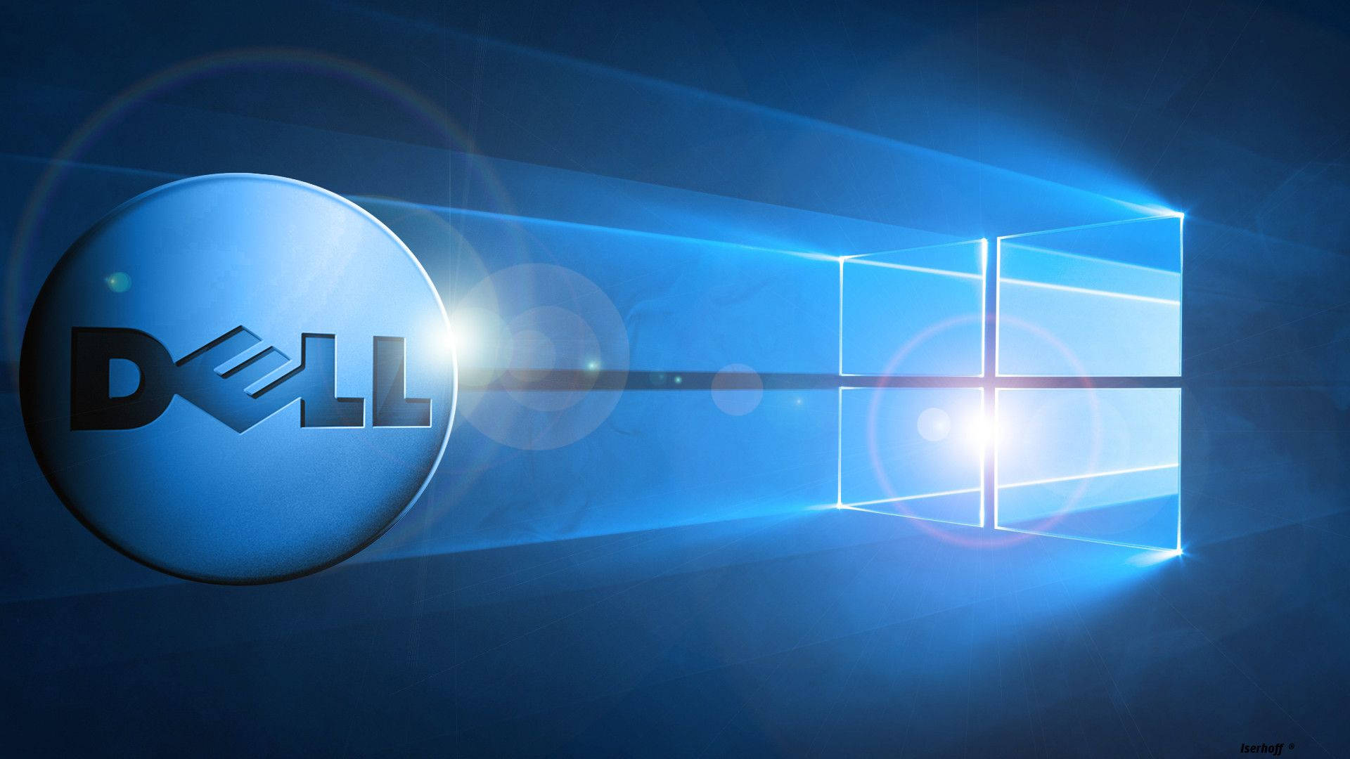 Windows Dell HD Logo 壁紙 — 一個發光的藍色Dell標誌漂浮在一個閃耀的Windows 10視窗徽章旁邊，背景是帶有鏡頭光暈的深藍色漸變背景。