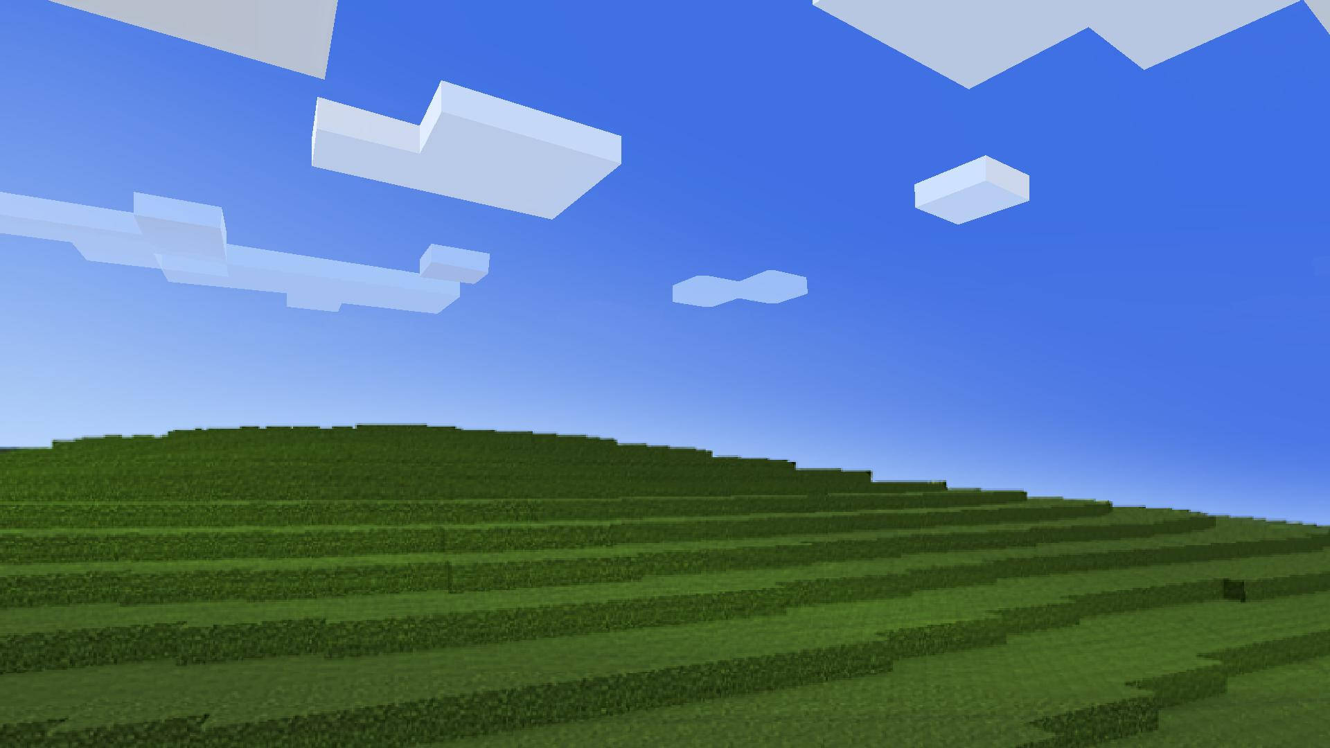 原版 Windows Minecraft 壁紙 — 廣闊的像素化綠色山丘在Minecraft景觀中延伸，藍天清澈，白雲塊狀。