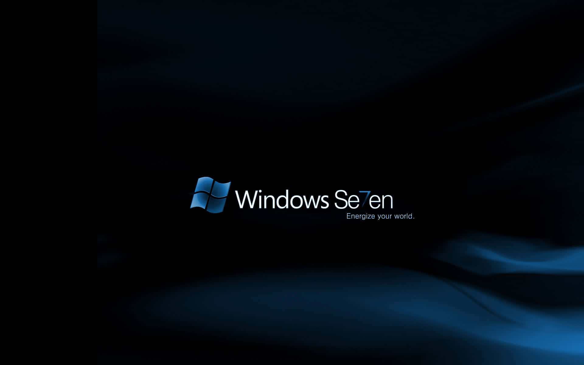 深色主題 桌布 壁紙 — Windows Seven 標誌在帶有流動光線的深色抽象背景上發出冷藍色光芒。
