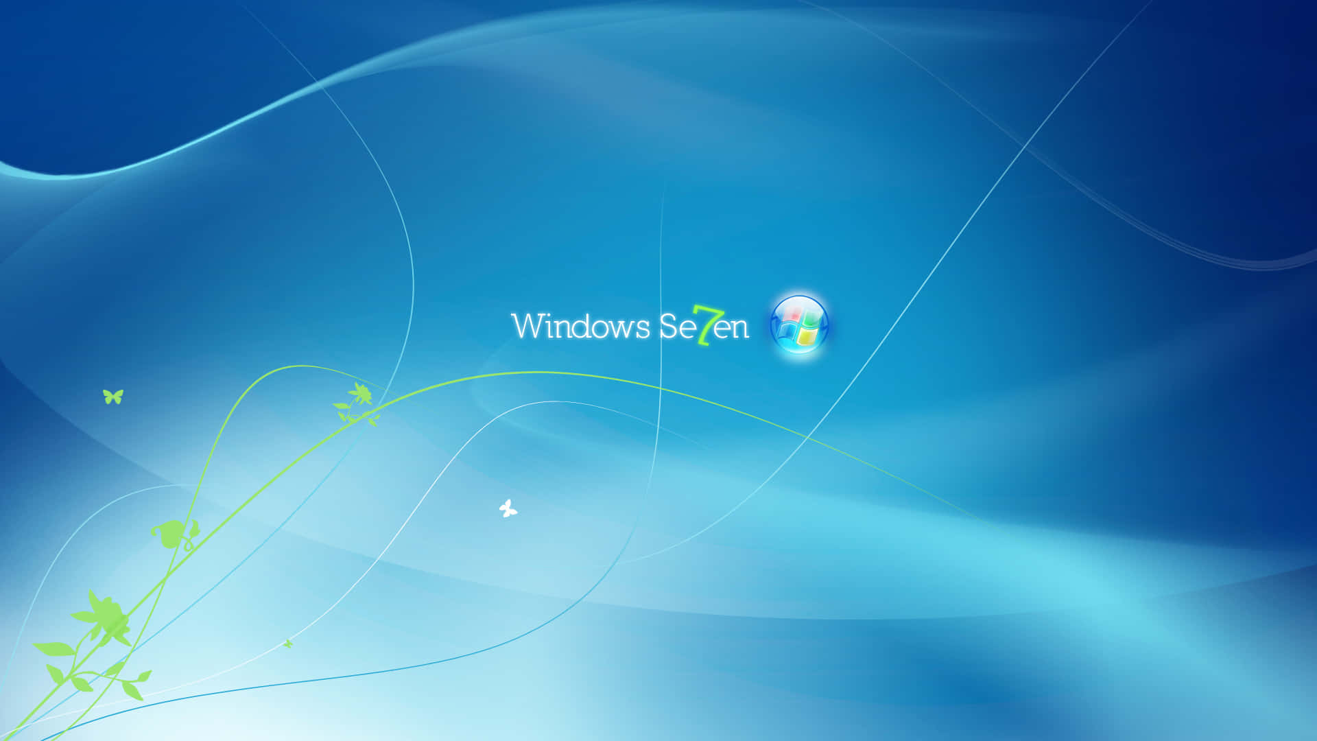 Windows 8 桌布 壁紙 — Windows Seven 標誌漂浮在漸變藍色背景上，伴隨著流動的綠色藤蔓和蝴蝶。