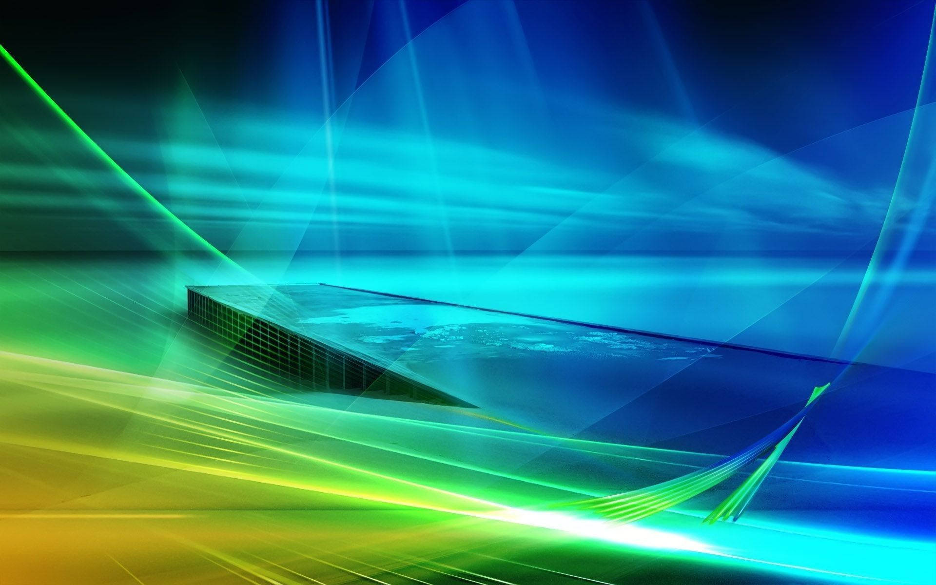 Windows Vista 高畫質數位媒體 壁紙 — 一個未來主義的幾何平台漂浮在充滿活力的藍色、綠色和黃色光線條紋的數字抽象空間中。