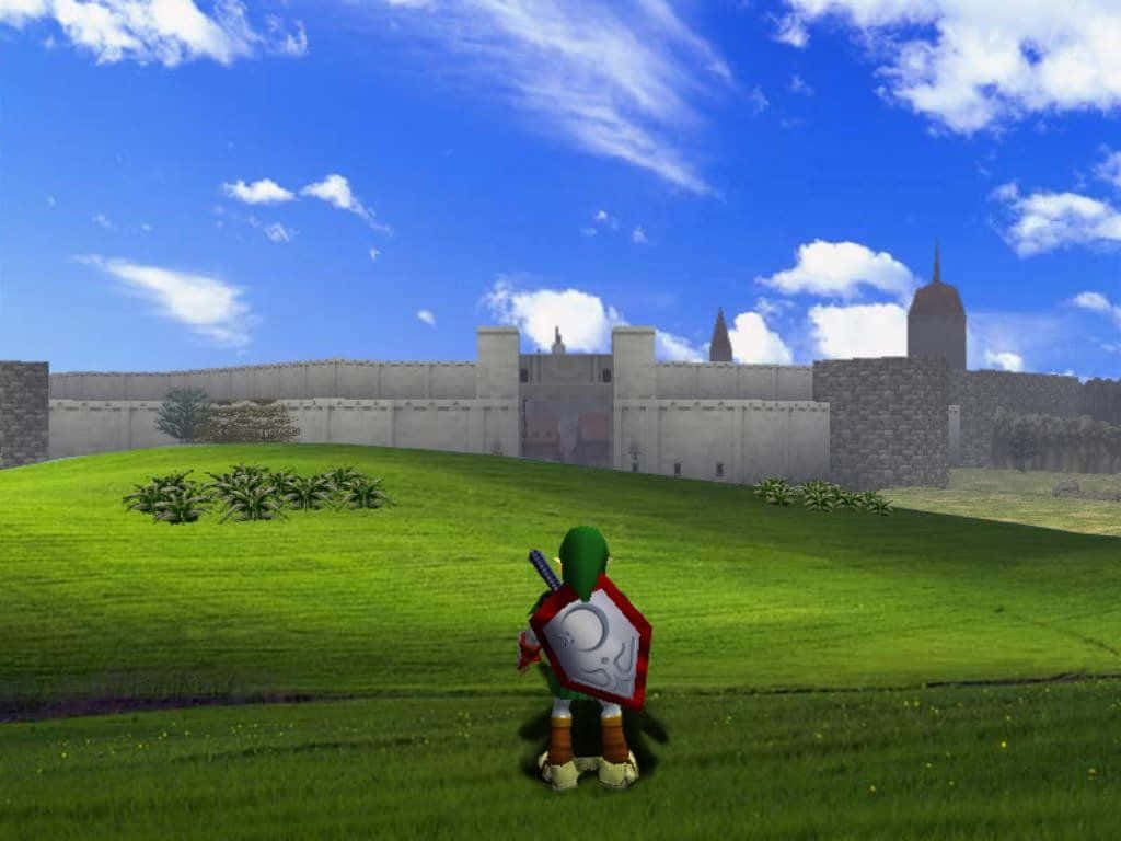 感受 Windows XP 的力量 壁紙 — 一名身穿綠色戰衣的戰士，手持盾牌和劍，站在長滿草的山丘上，面向遠處的石城堡，背景是明亮的藍天和 fluffy 雲朵。