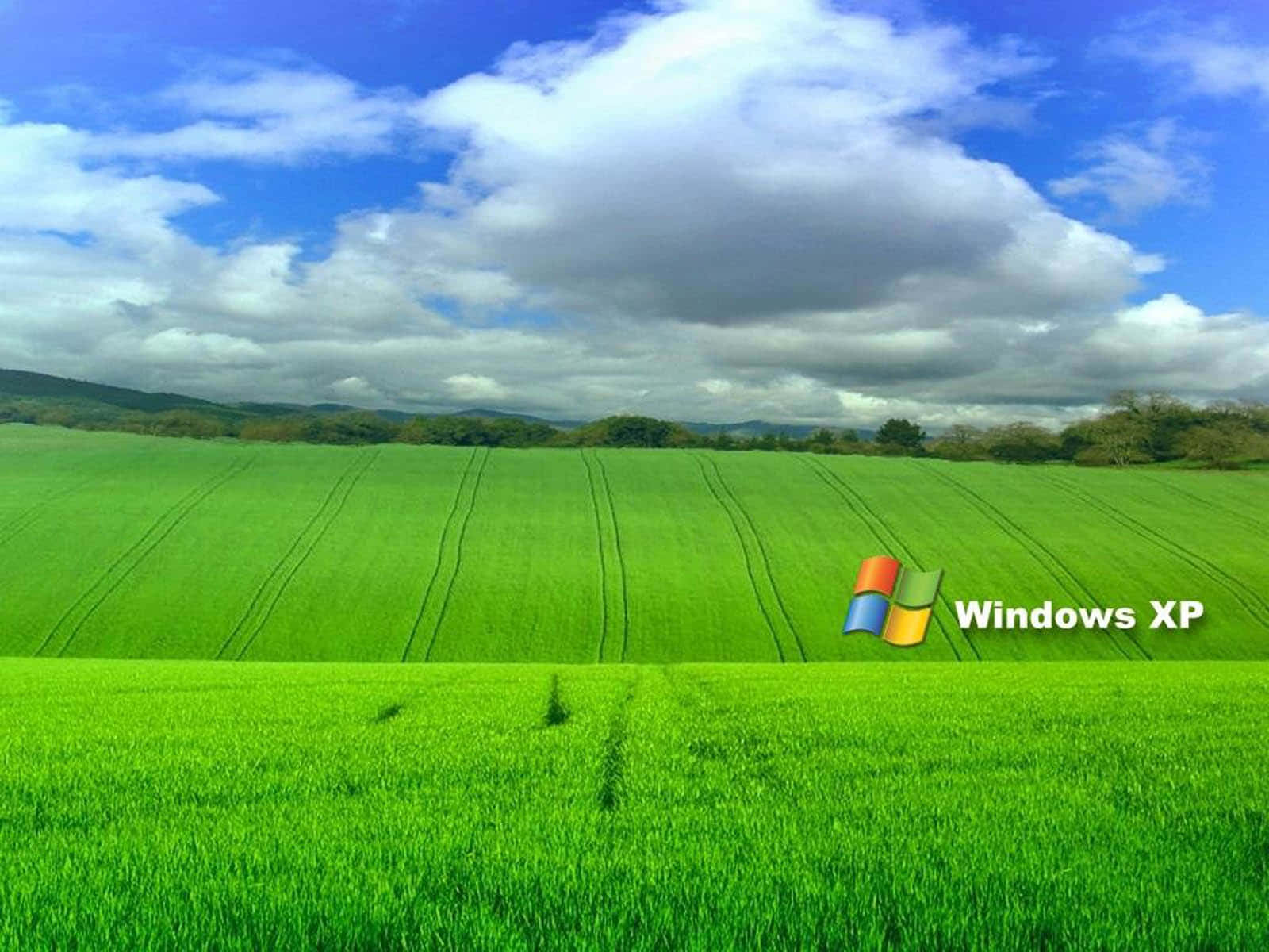 舊 Windows XP 壁紙 — 廣闊的綠色田野上有拖拉機軌跡，明亮的藍天上有蓬鬆的白雲，角落有Windows XP標誌。