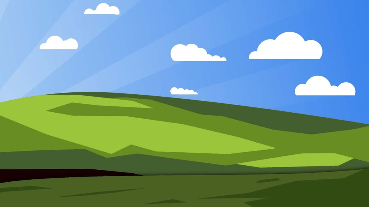 探索Windows XP的潛力 壁紙 — 充滿活力的綠色起伏山丘在明亮的藍天下延伸，點綴著蓬鬆的白雲和陽光。