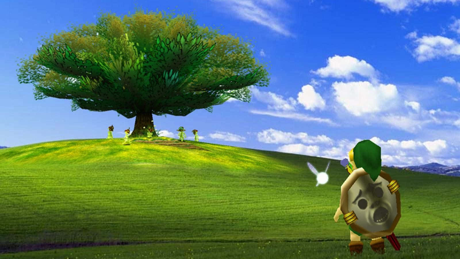 沉浸於 Windows XP 的鮮豔色彩 壁紙 — 一個身穿綠色衣服、手持盾牌的角色站在長滿草的山丘上，面向一棵大樹，樹下有四個小人，背景是明亮的藍天。