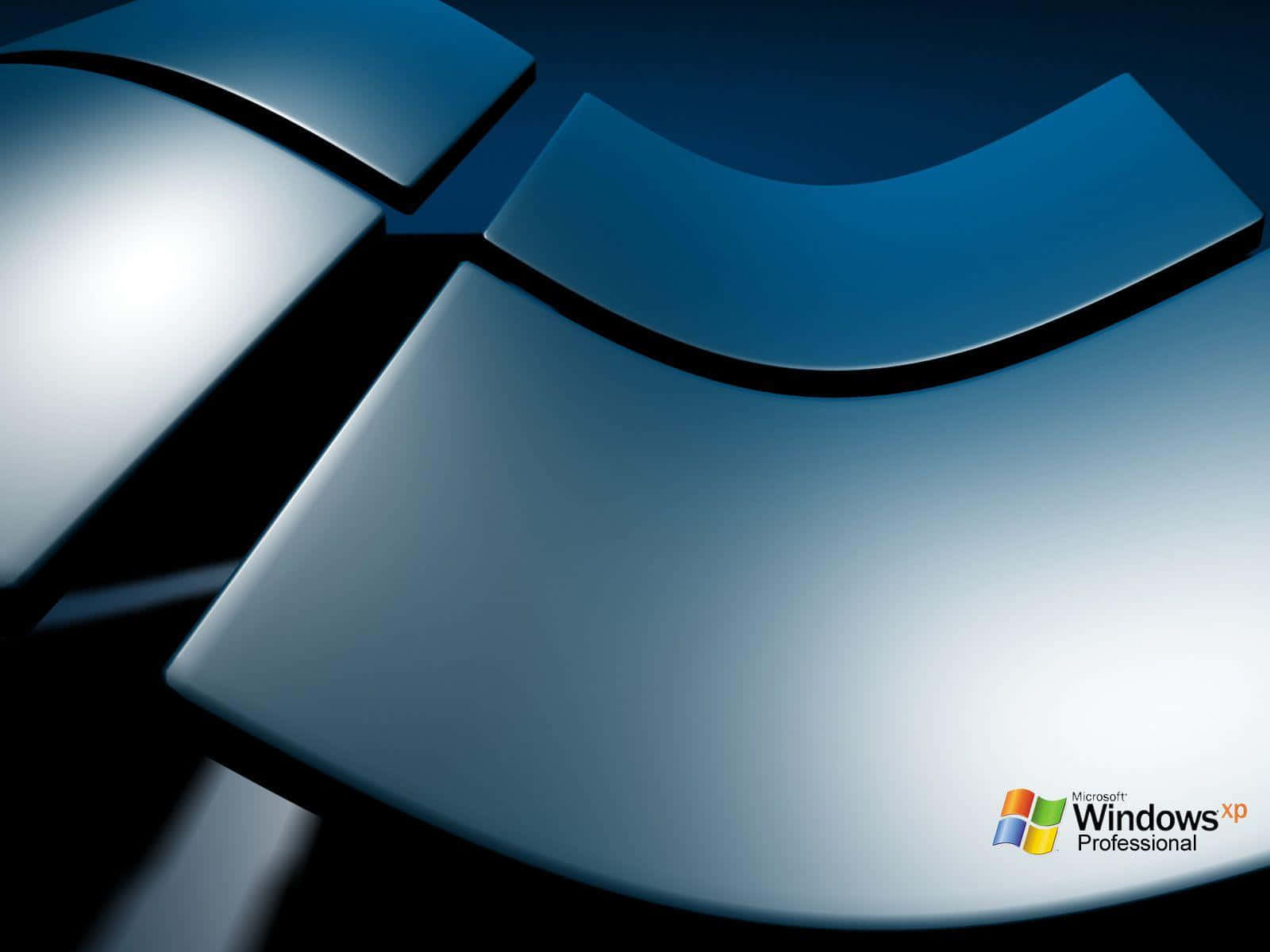 Windows XP 上的鮮豔壁紙 壁紙 — 抽象藍色金屬Windows標誌，帶有光澤曲線和柔和燈光，襯托深色背景。