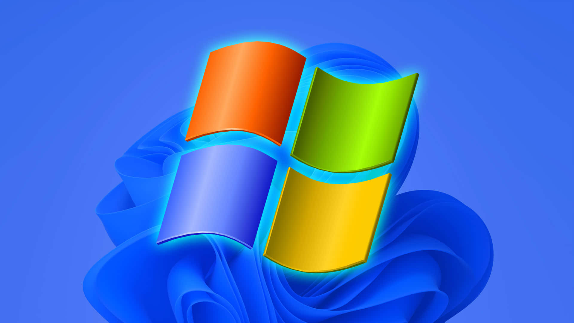 Windows標誌，彩色面板漂浮在藍色布料漩渦上方。
