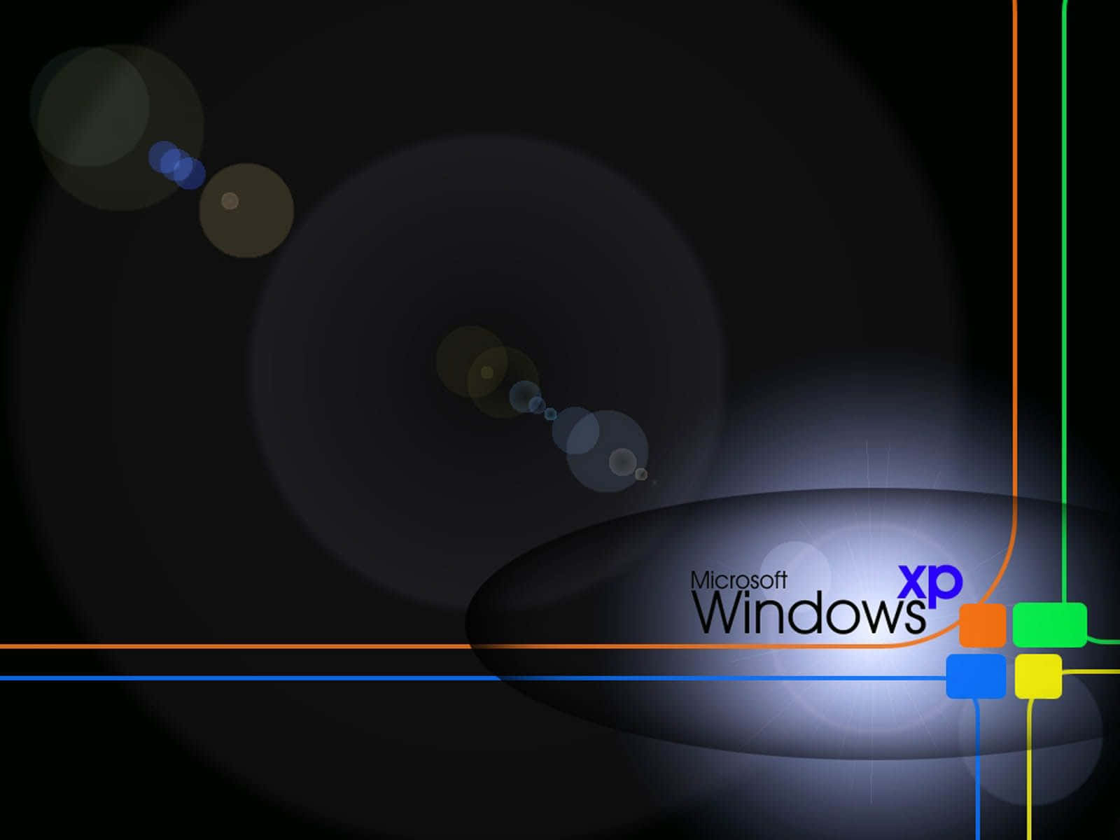 在深色背景上，帶有彩色線條和鏡頭光暈的Microsoft Windows XP標誌。