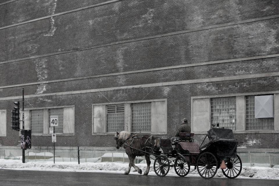 Windows 冬季與馬車 壁紙 — 一匹馬拉著馬車沿著積雪的街道行駛，經過一座風化的磚砌建築，天空多雲。