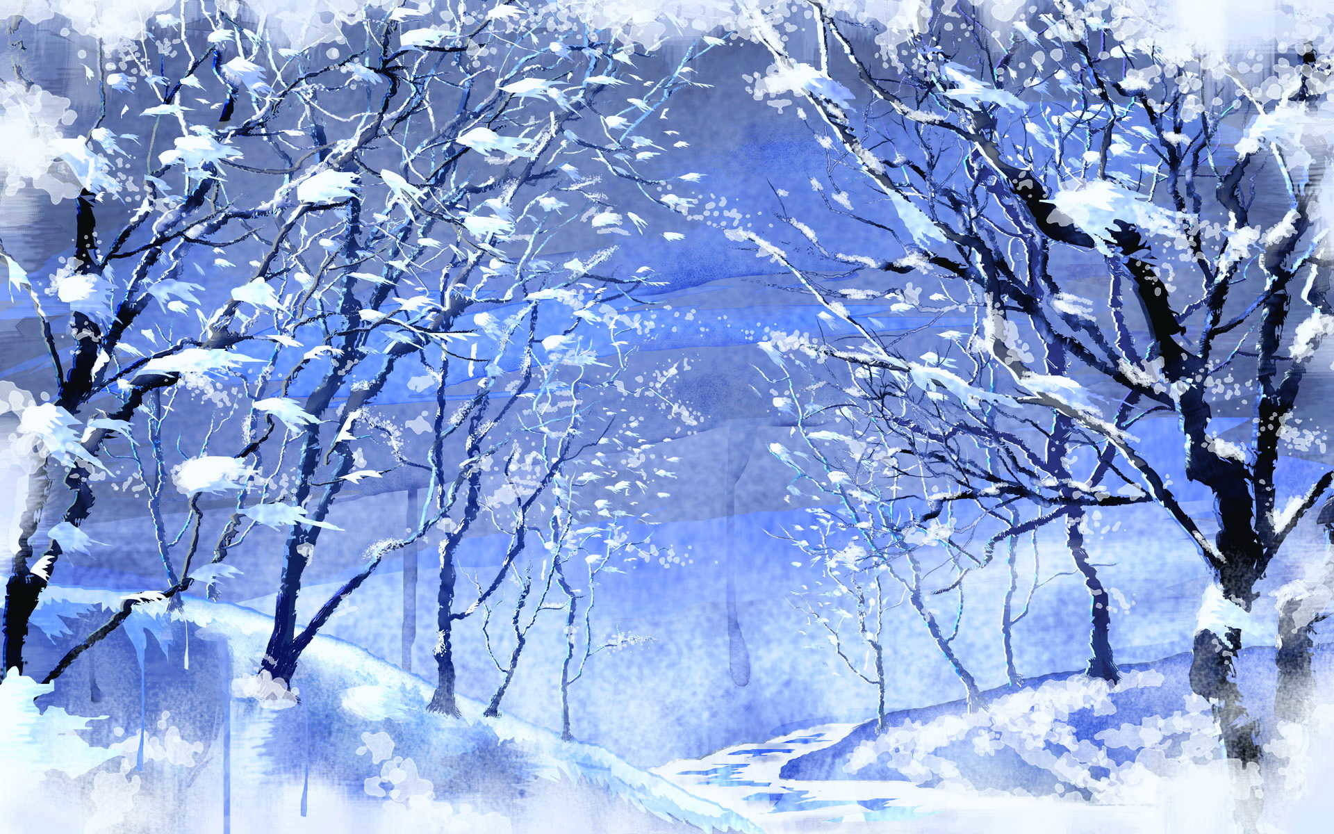 Windows 冬日風景畫 壁紙 — 雪壓枝頭的裸樹枝條伸展在寧靜的冬日景觀中，以清涼的藍色和白色水彩調繪製。