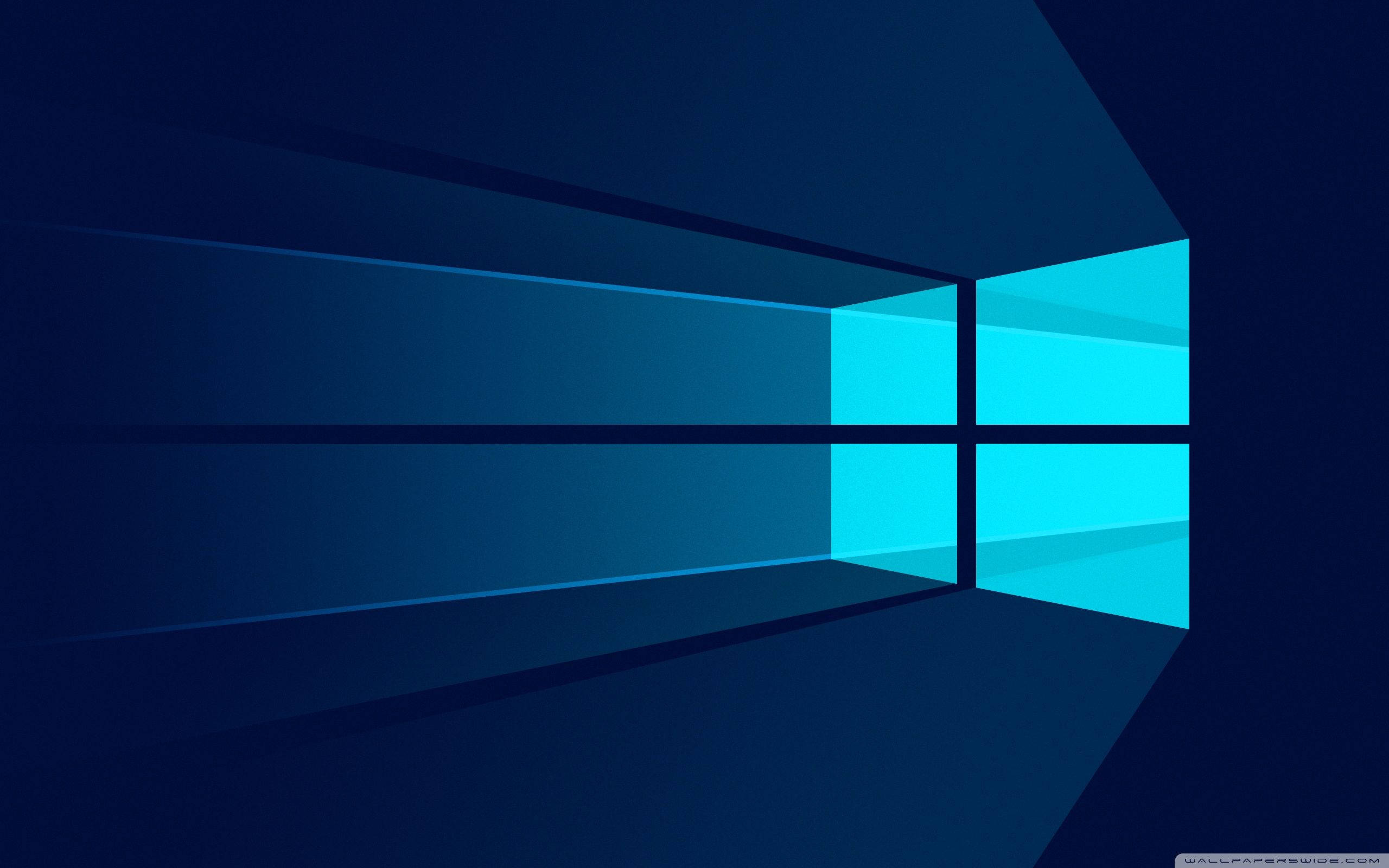 Windows 數位藝術 壁紙 — 一個風格化的窗戶標誌，在深藍色漸變背景上發出青色光芒。