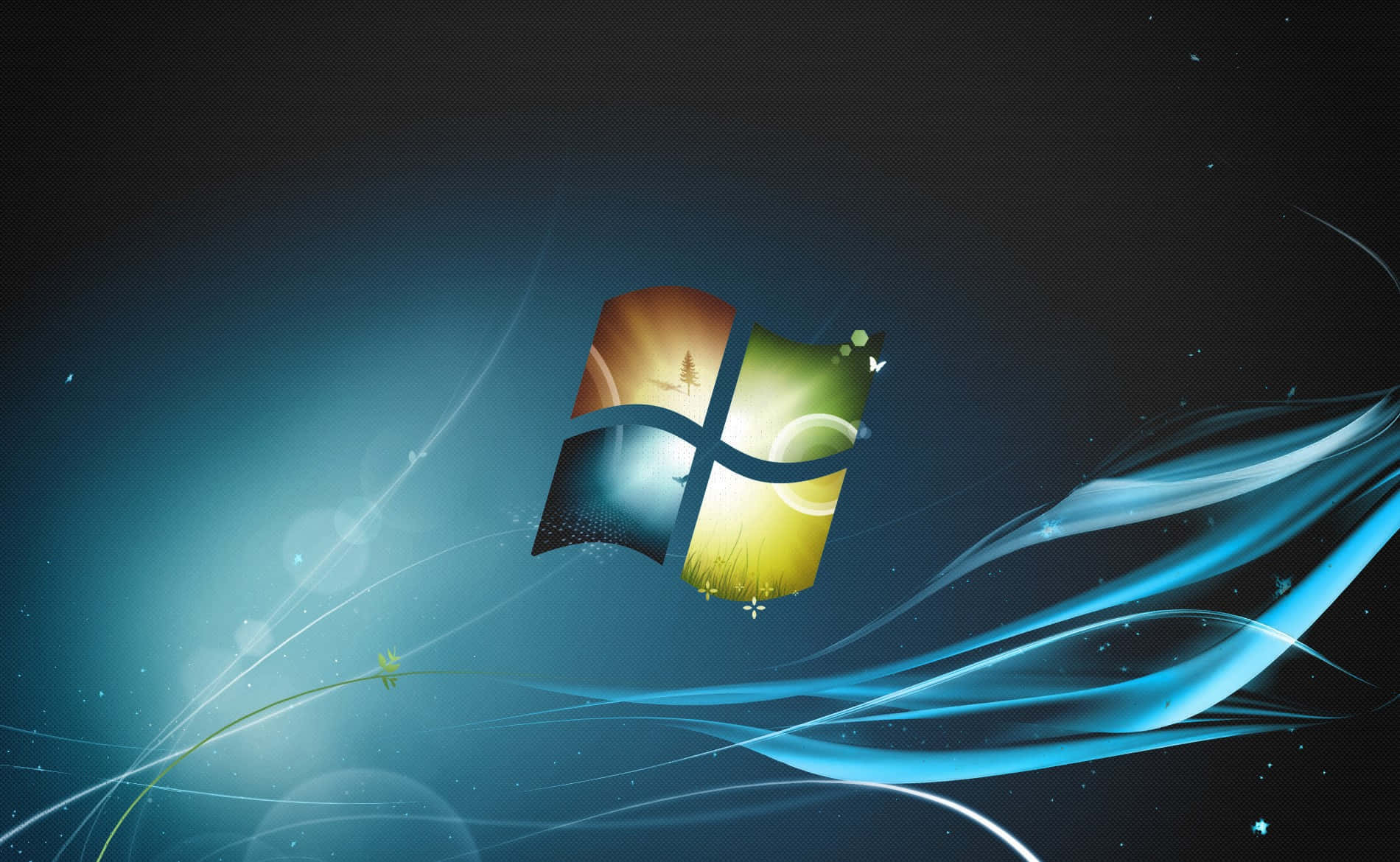 Windows 8 桌布 壁紙 — Windows 標誌，帶有彩色窗格和流動的藍色光軌，背景為深色漸變。
