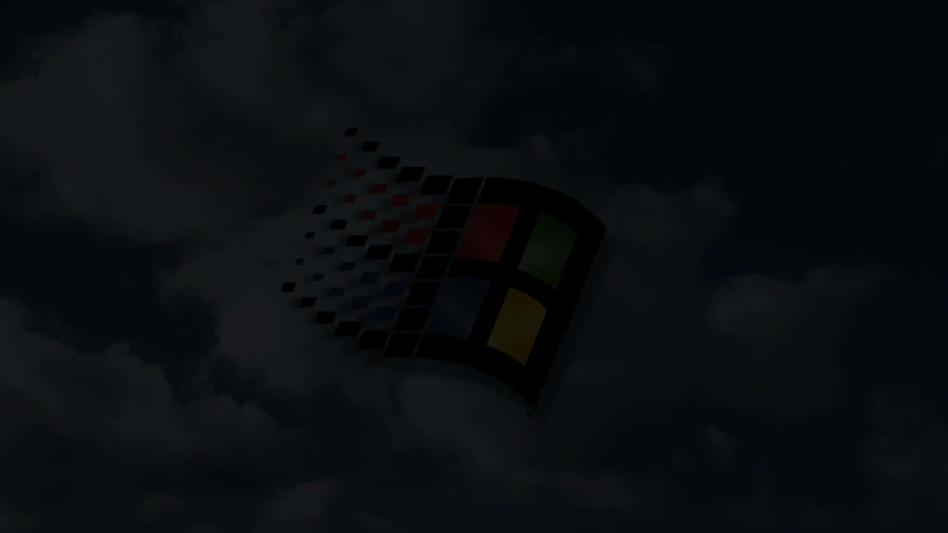 Windows 98 桌布 壁紙 — Windows 標誌像素化並漂浮在帶有厚重雲層的黑暗暴風雨天空中。