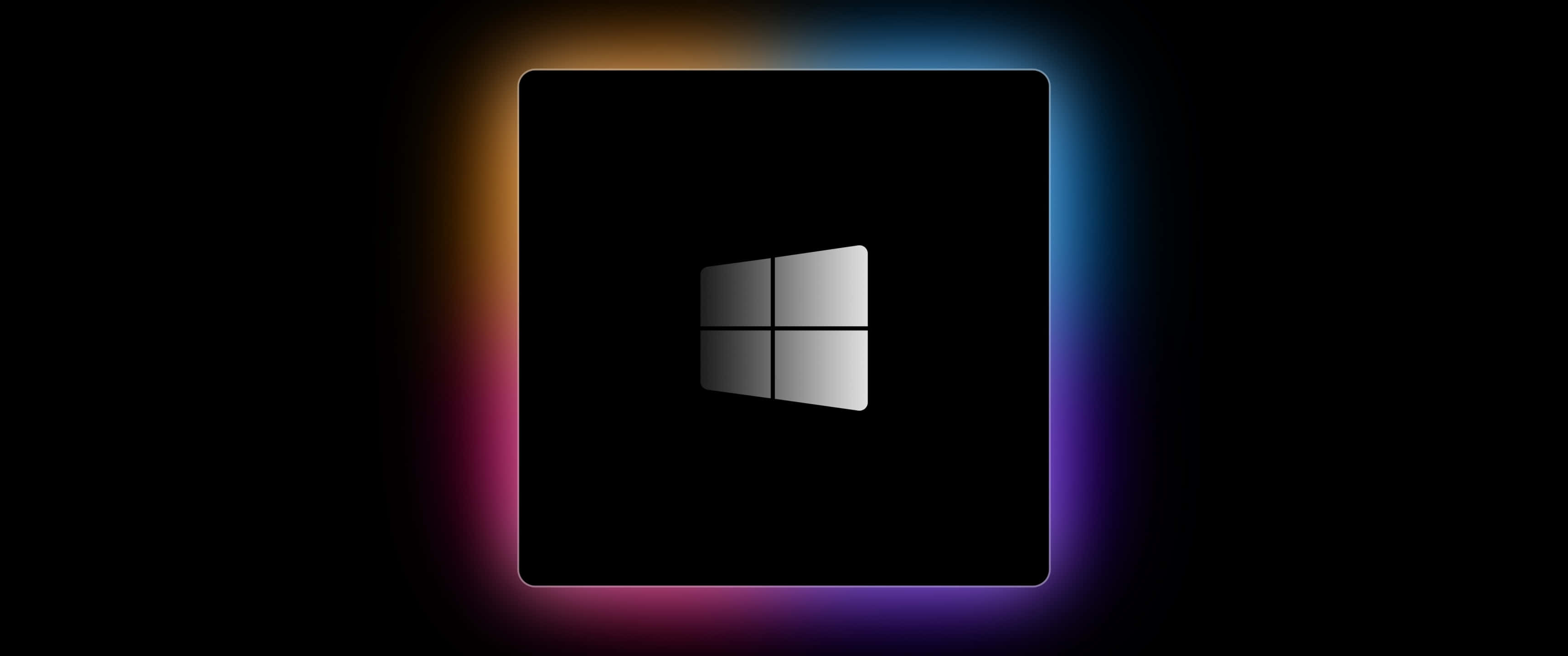 Black Windows 桌布 壁紙 — Windows 標誌居中於發光正方形內，帶有鮮豔漸變光暈，背景為黑色。