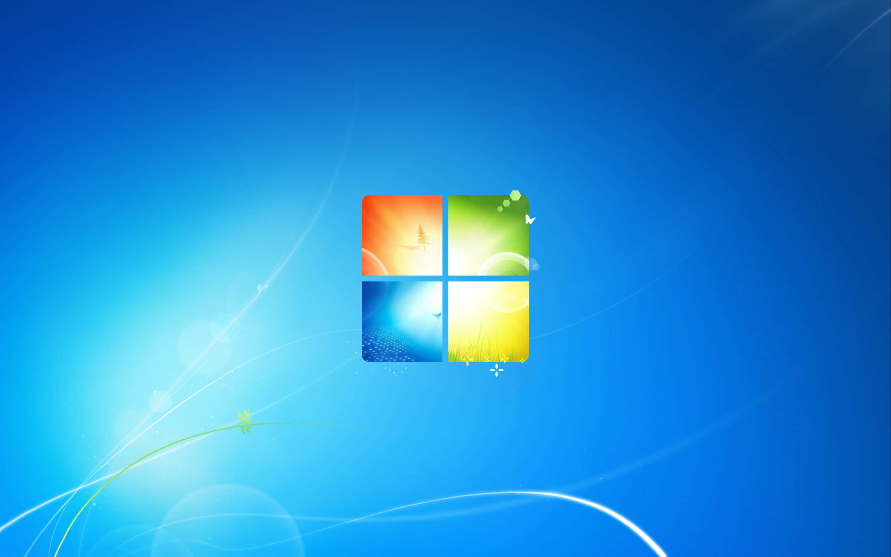Microsoft Windows 10 壁紙 — Windows 標誌居中於鮮豔的藍色漸變背景上，帶有發光的光條和抽象的綠色漩渦。