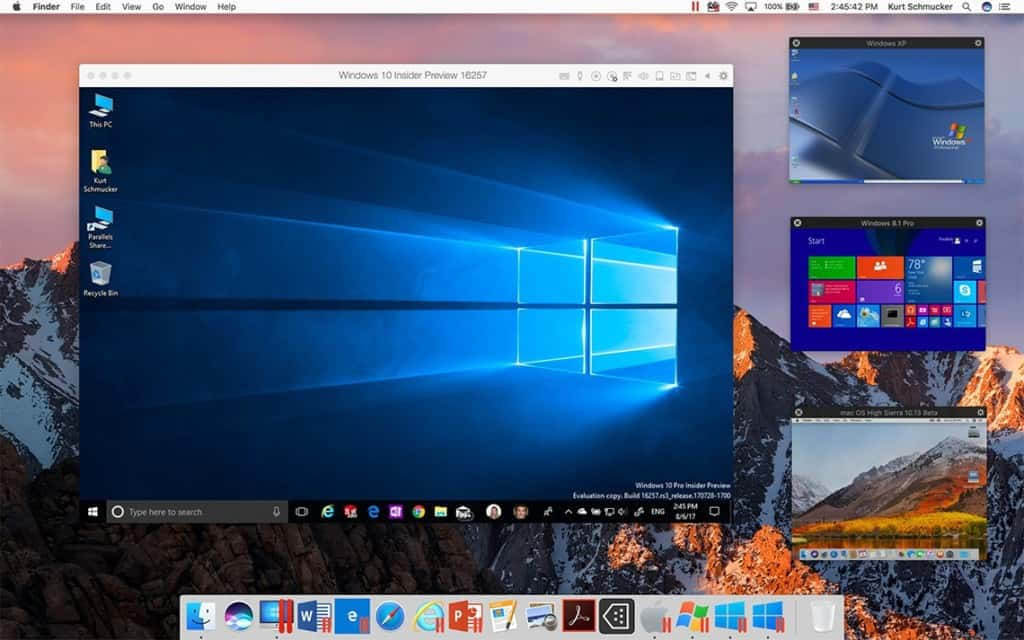 Mac 桌面在日落時分顯示雪山上方的 Windows 作業系統版本。