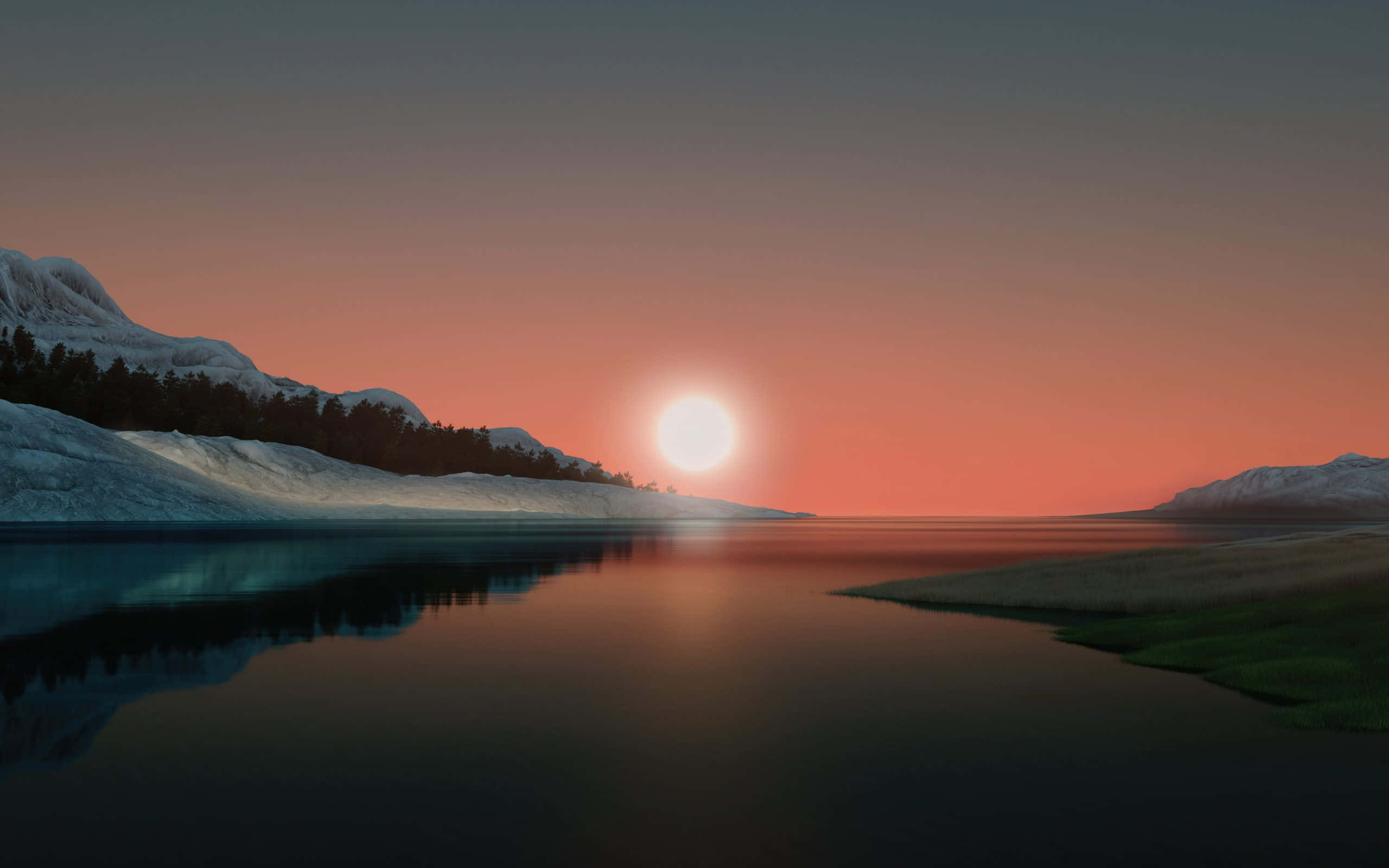 Windows 預設桌面背景 壁紙 — 寧靜的冬日夕陽映照在平靜的湖面上，白雪覆蓋的山脈和 vibrant 橙色天空倒映在水中。