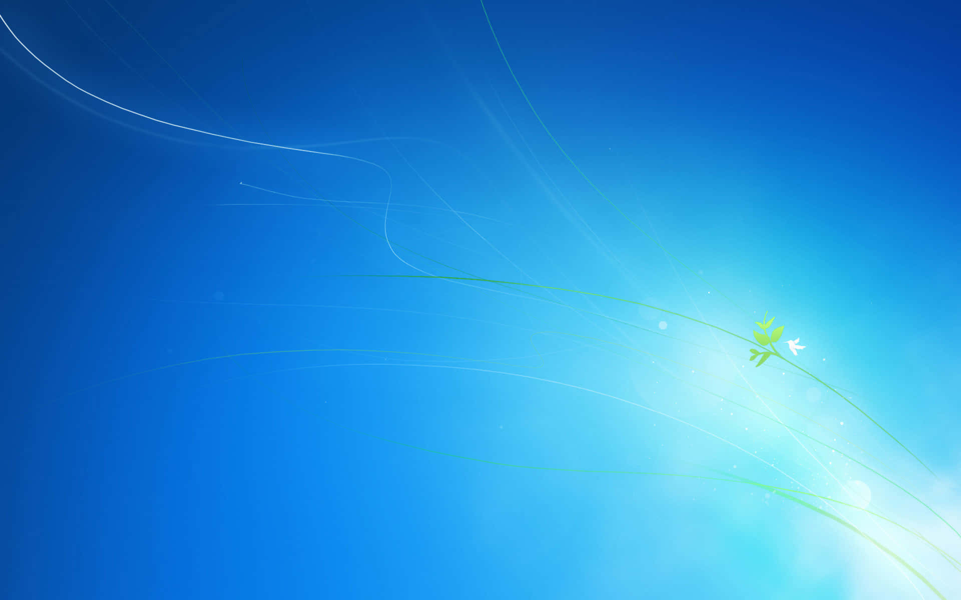 Windows 預設背景：放射光芒的抽象景觀 壁紙 — 一個寧靜的漸變藍色背景，帶有流動的綠色線條和一棵靠近明亮光源的小發芽植物。
