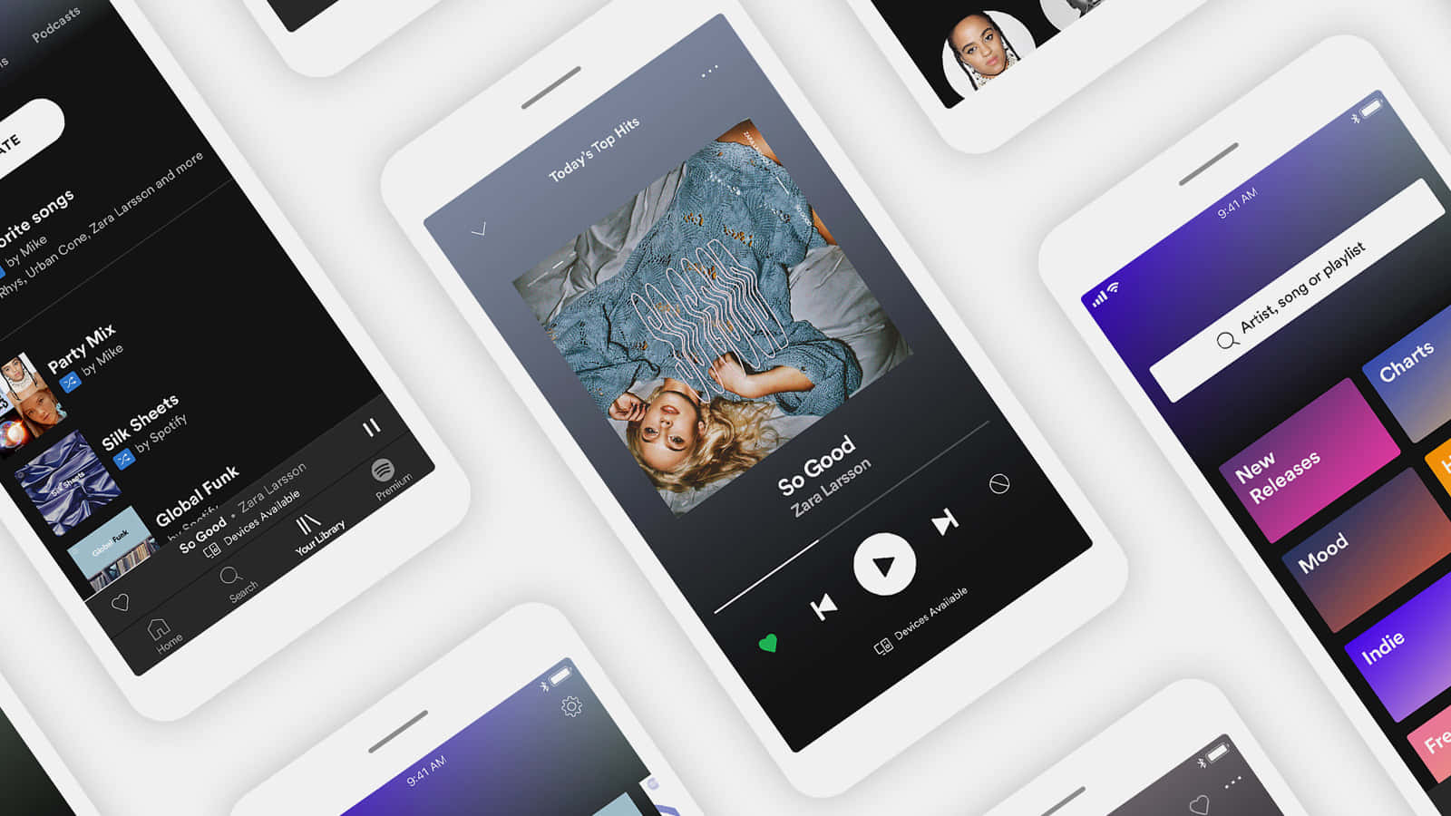 Windows 風格鎖定畫面搭配 Spotify 歌曲 壁紙 — 多部智能手機顯示一個音樂應用程式介面，以一位穿著牛仔褲躺在床上的女性作為Zara Larsson的《So Good》專輯封面。