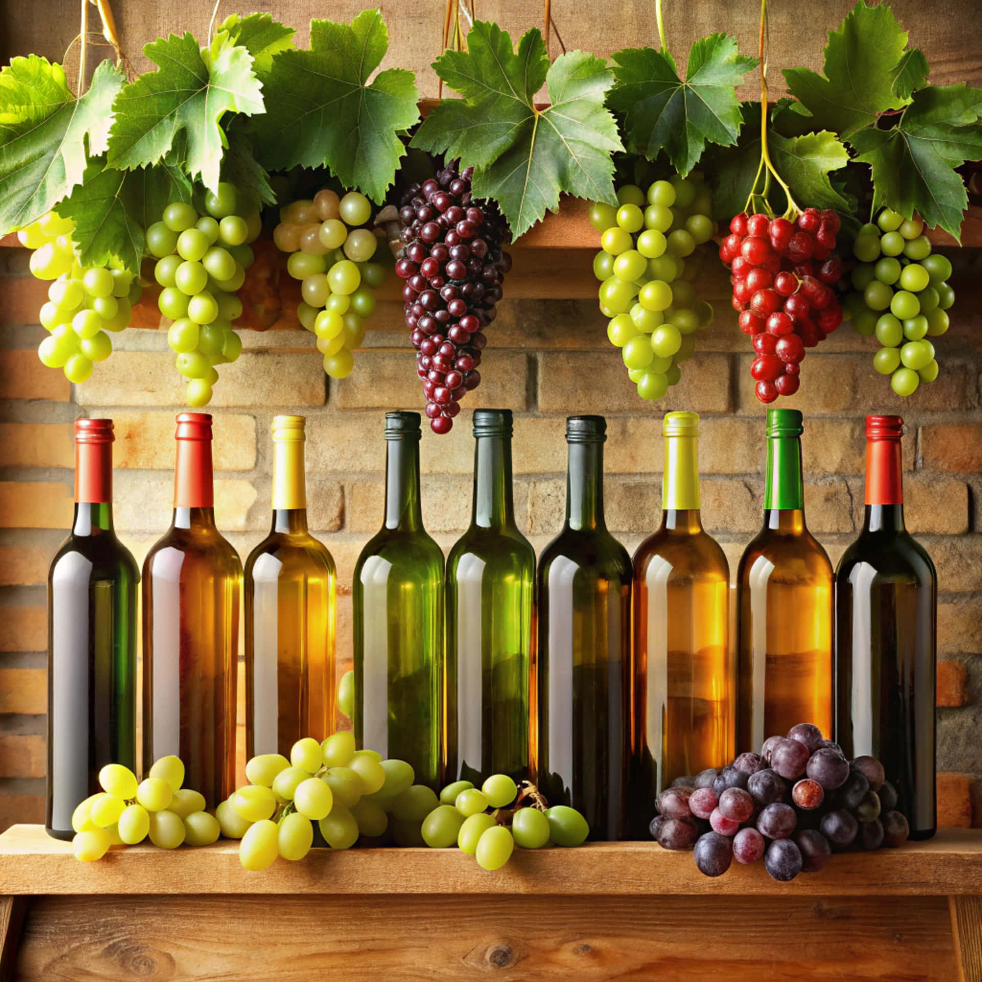 Wine bottle frame 壁紙 — 一排排酒瓶放在木架上，上方懸掛著葡萄藤和綠色、紅色、紫色的葡萄串，背景是磚牆。
