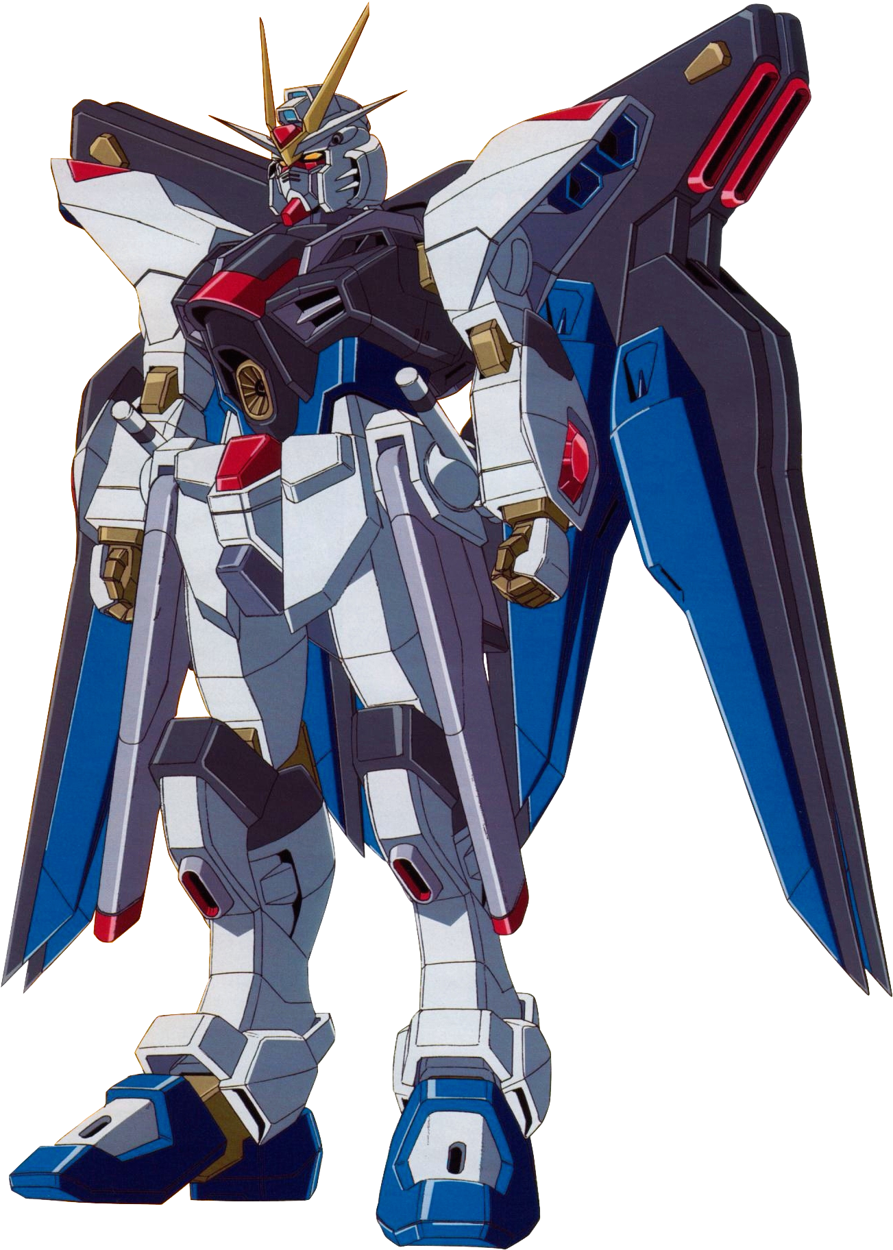 高達 Wing Zero Custom 插畫 壁紙 — 一個高大的藍白紅機動戰士穿著全副盔甲站在黑色背景前。