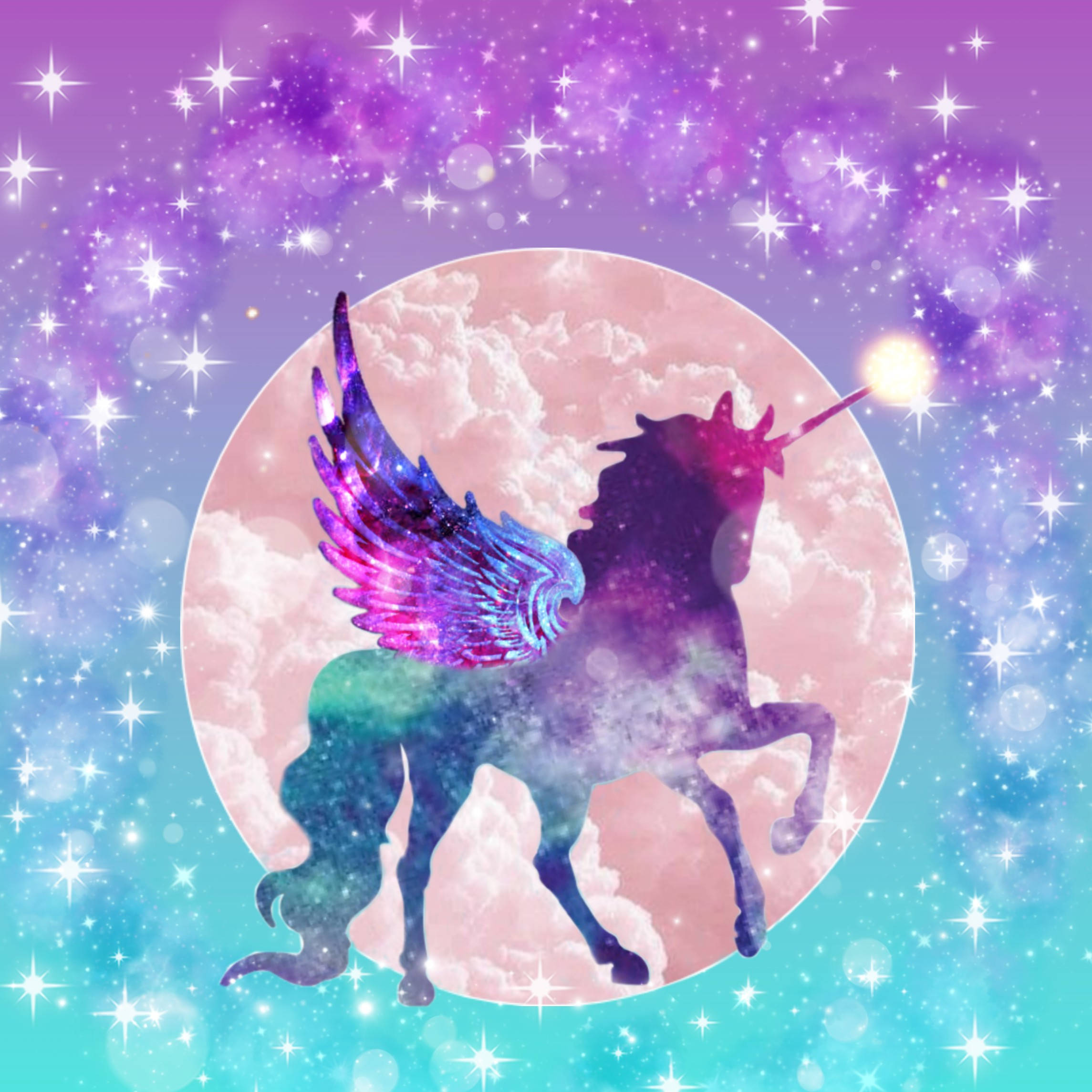 有翼獨角獸剪影，背景是粉紅色月亮和星空宇宙天空。