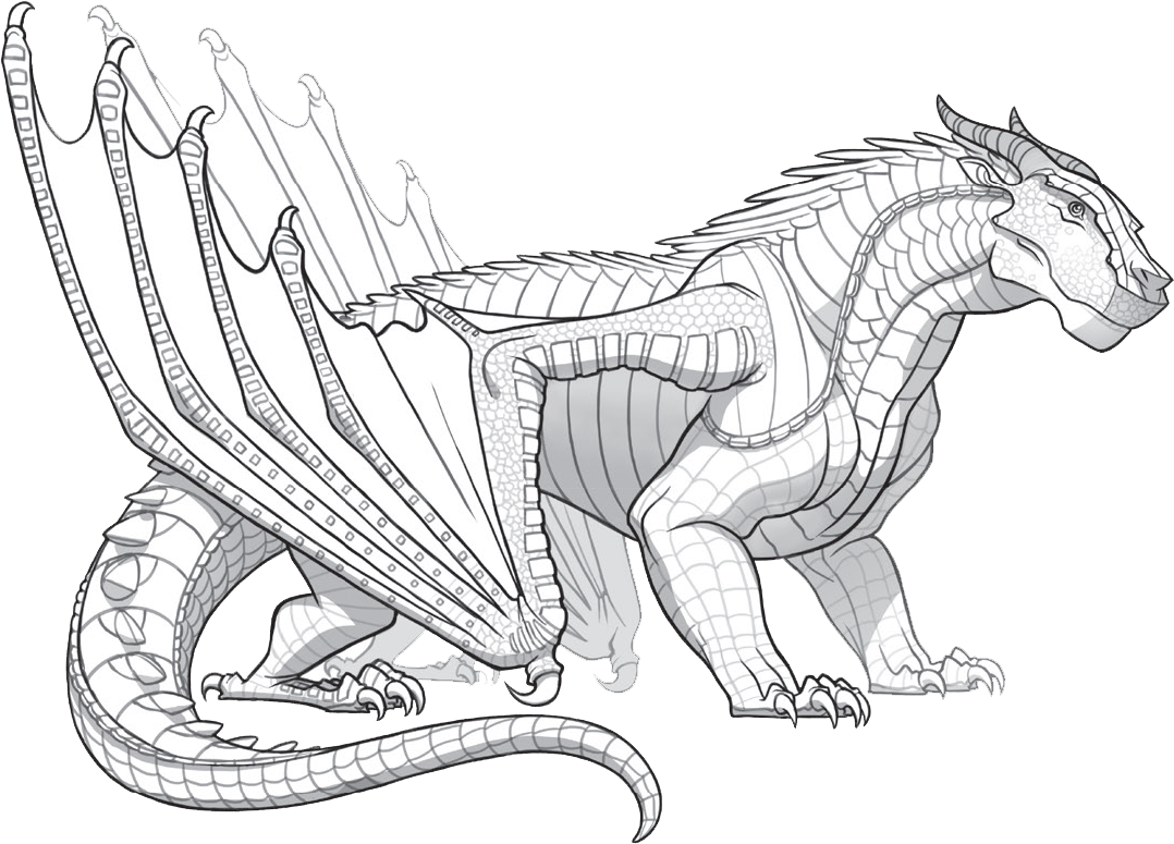 《Wings of Fire》龍插畫 壁紙 — 一條細節豐富的黑白線條龍，帶有複雜的鱗片和大翅膀，矗立在純黑背景上。