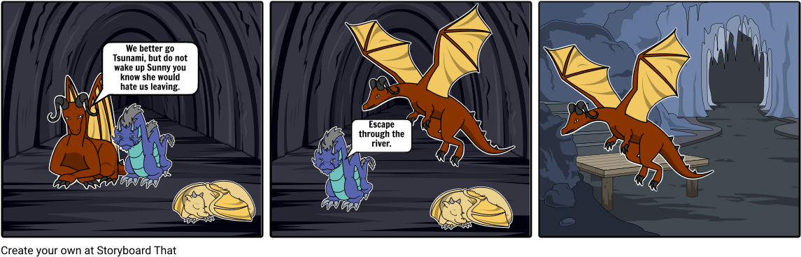 《Wings of Fire》洞穴逃脫分鏡圖 壁紙 — 三隻卡通龍在黑暗洞穴中討論通過河流逃脫，而其中一隻在附近睡覺。